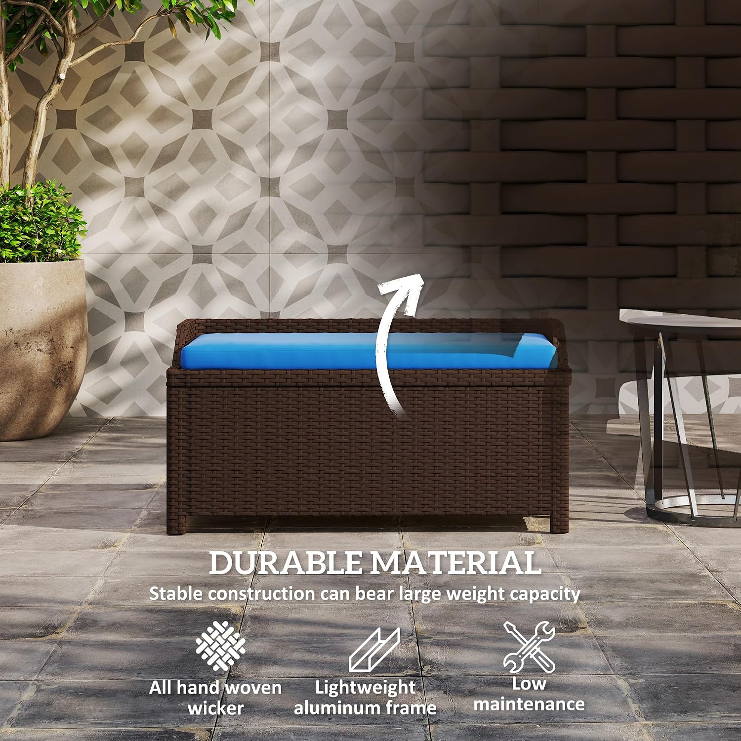 Outsunny Outdoor Wicker Storage Bench Deck Box, PE Rattan Patio Furniture Pool Storage Bin Container with Interior Waterproof Cloth Bag and Comfortable Cushion, Navy Blue