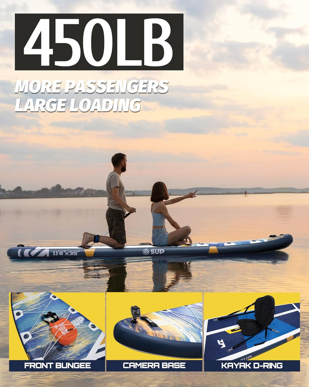 ESUP 11'6 ×34/35' Super Wide Inflatable Paddle Board with SUP Accessories, Extra Stable Stand Up Paddleboards for 2+1 Persons/Family/Beginner/Yoga, w/Shoulder Strap All-Round Sup Board