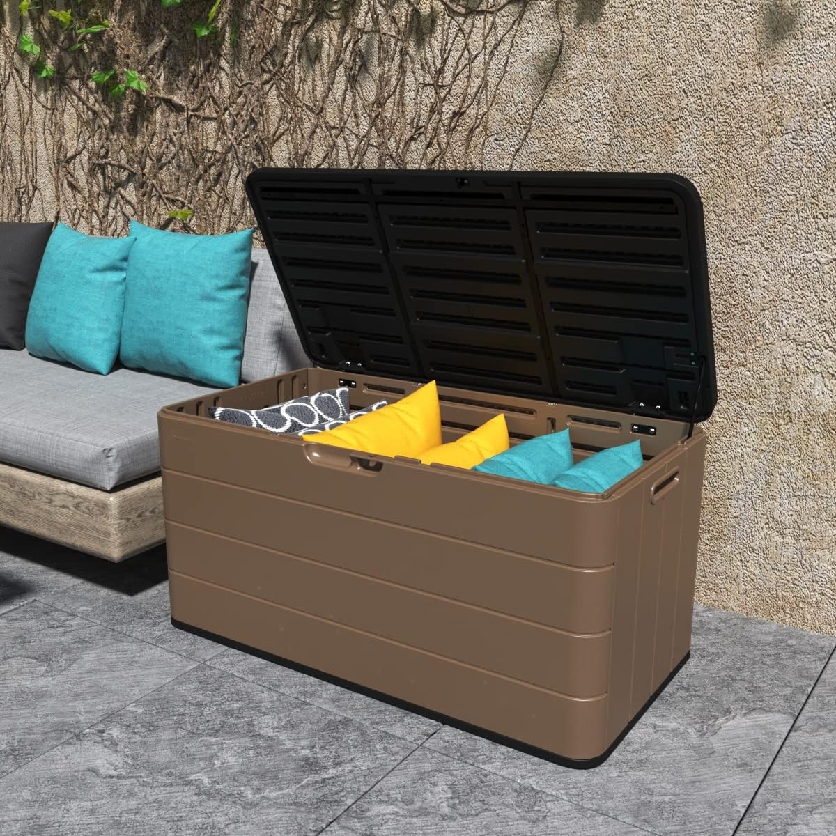 Mrosaa Resin Deck Storage Box, 85 Gallon Outdoor Storage Box Waterproof for Garden Storage,Patio and Backyard, Lockable Brown Color