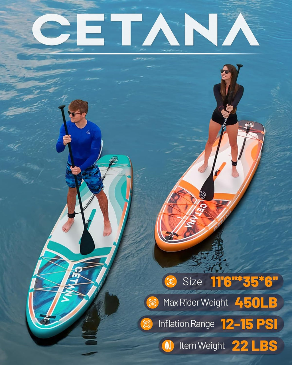 CETANA 11'6×35' Extra Wide Inflatable Paddle Board,Stand Up Paddle Board for Beginner,450lb Capacity SUP for Family with Safety Leash,3 Removable Fins,Dual-Action Pump& Floating Paddle