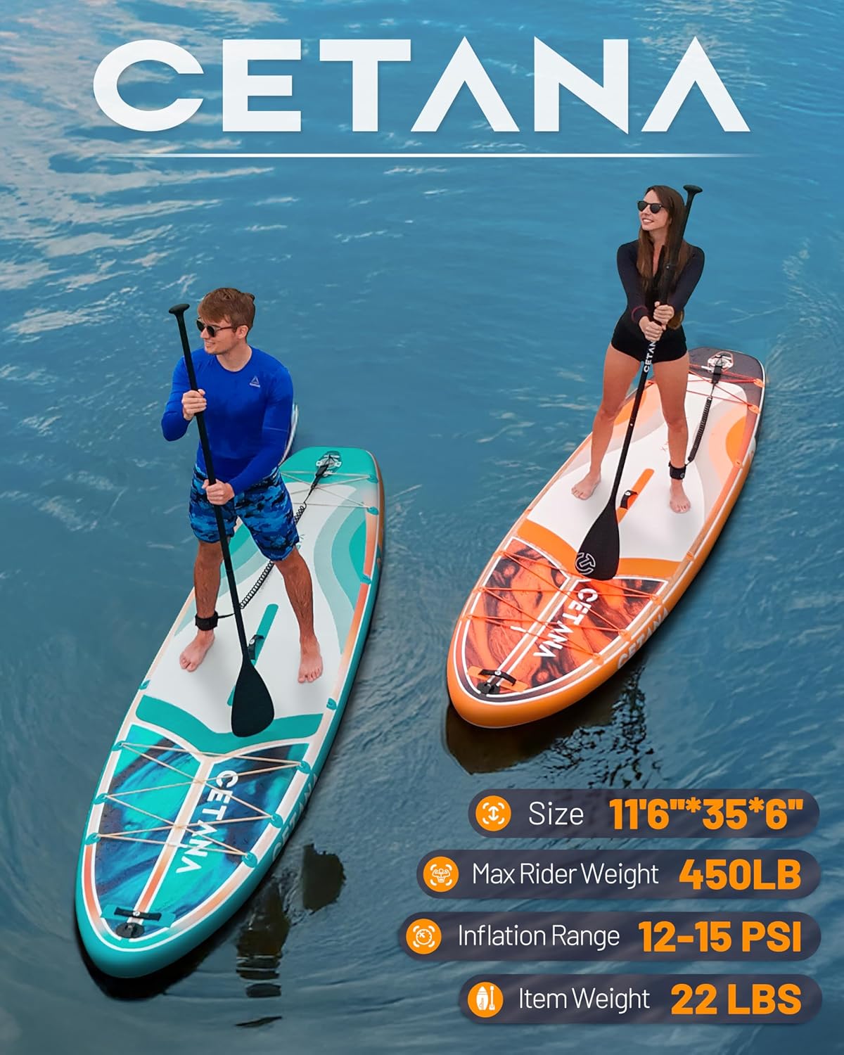 CETANA 11'6×35' Extra Wide Inflatable Paddle Board,Stand Up Paddle Board for Beginner,450lb Capacity SUP for Family with Safety Leash,3 Removable Fins,Dual-Action Pump& Floating Paddle