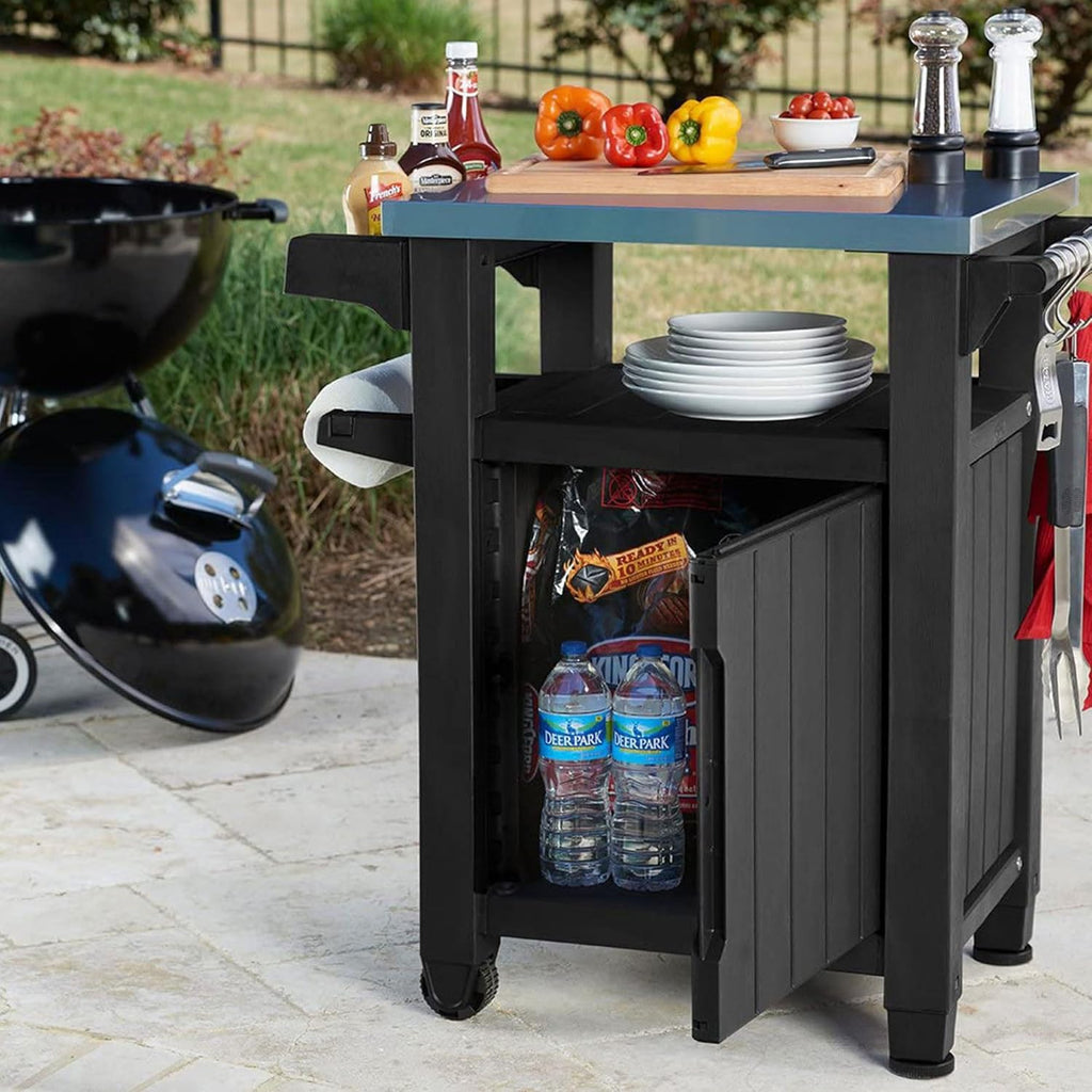 Keter Unity Portable Outdoor Table and Storage Cabinet with Hooks for Grill Accessories-Stainless Steel Top for Patio Kitchen Island or Bar Cart