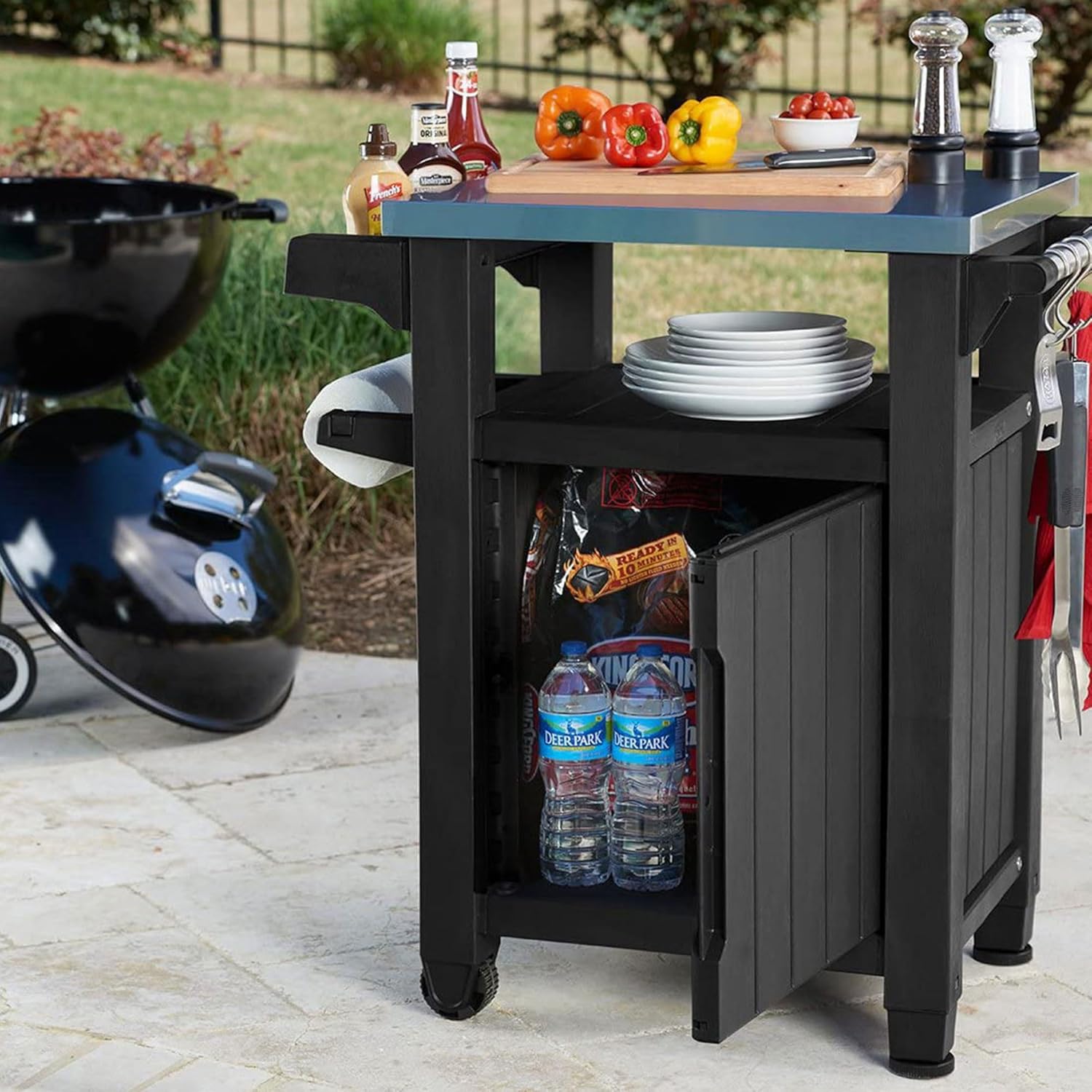 Keter Unity Portable Outdoor Table and Storage Cabinet with Hooks for Grill Accessories-Stainless Steel Top for Patio Kitchen Island or Bar Cart