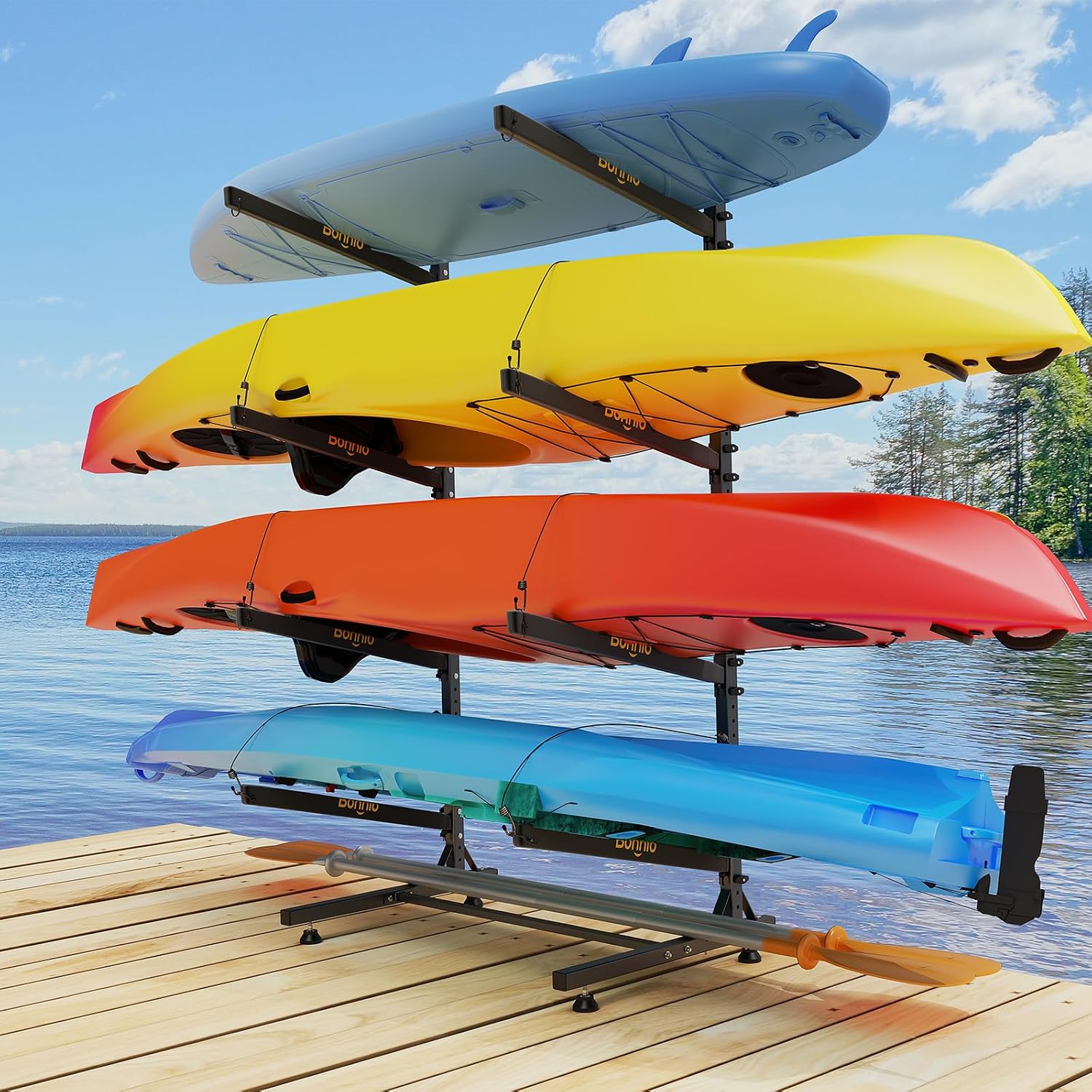 Bonnlo Kayak Storage Rack, Adjustable Heavy Duty Kayak Rack for Kayaks Paddle Boards, Kayak Paddle Holder for Garage, Spacesaver, Gentle on Padding, Boat Organizer
