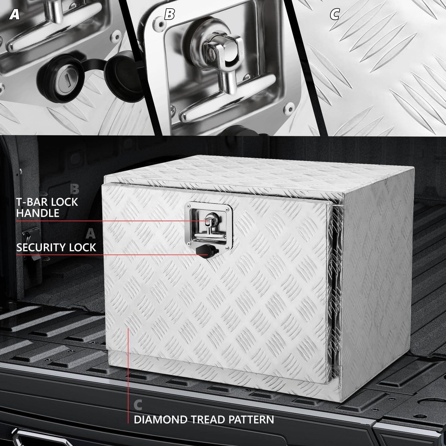 DNA MOTORING Lockable Tool Box for Truck Bed, Aluminum Storage Organizer w/Lock & Keys, 24' L X 18' D X 17.7' H Silver, TBOX-T5-003-ALU