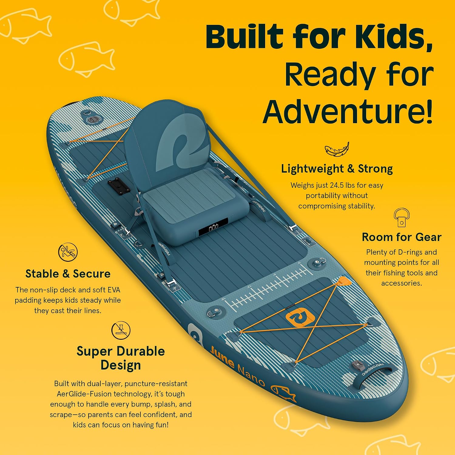 Retrospec June Nano Kids Inflatable Fishing Paddle Board SUP Kayak: 9'6' Hybrid Paddleboard with Rod Holders, Removable Seat - Lightweight Portable Youth Fishing Board