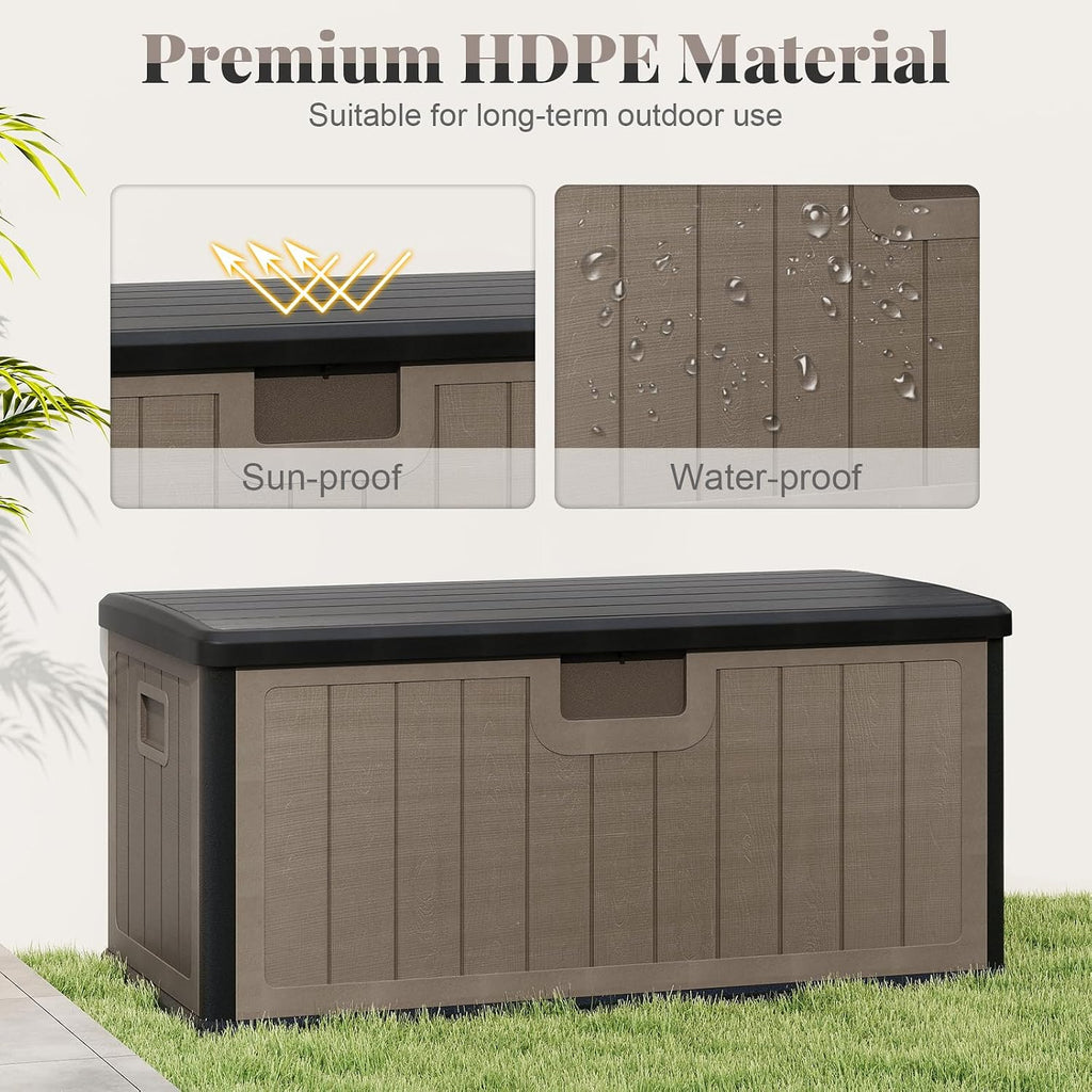 HAPPYGRILL Outdoor Storage Deck Box with Lockable Design & Gas Strut, Handle, 100 Gallon HDPE Patio Storage Organizer for Lawn Backyard Poolside (Black Brown)