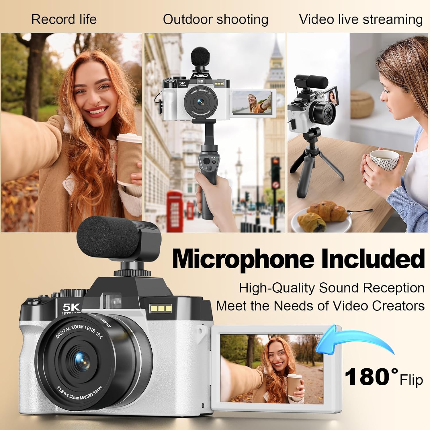 NBD 5K Digital Cameras for Photography - 16X Zoom Travel Camera with 180° Flip Screen, 64MP Vlogging Cameras Fotograficas for YouTube, Auto Focus, Macro Lens, 2 Batteries & 64GB TF Card（White）