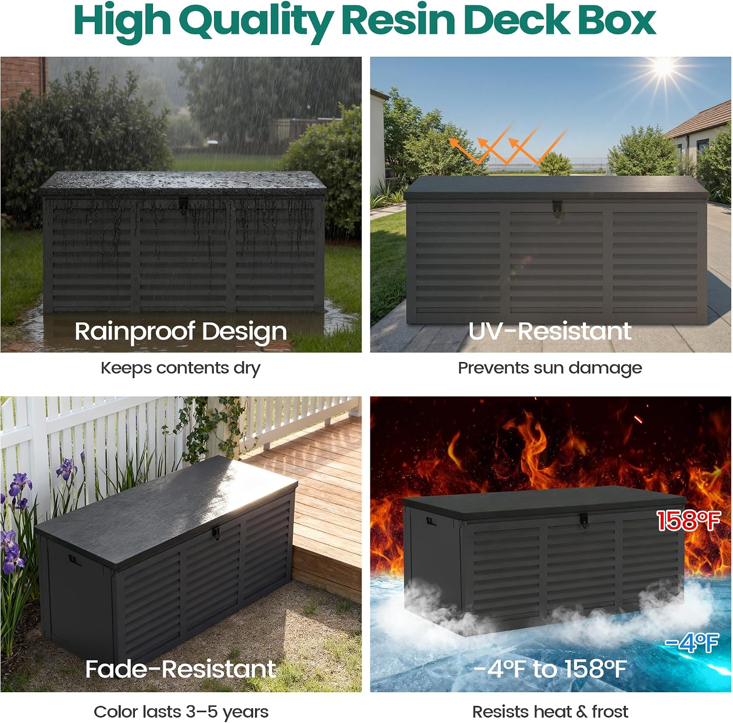 Resin Deck Box 130 Gallon, Lockable & Waterproof Outdoor Storage, UV-Resistant Patio Box for Cushions, Tools, and Outdoor Accessories (Black)