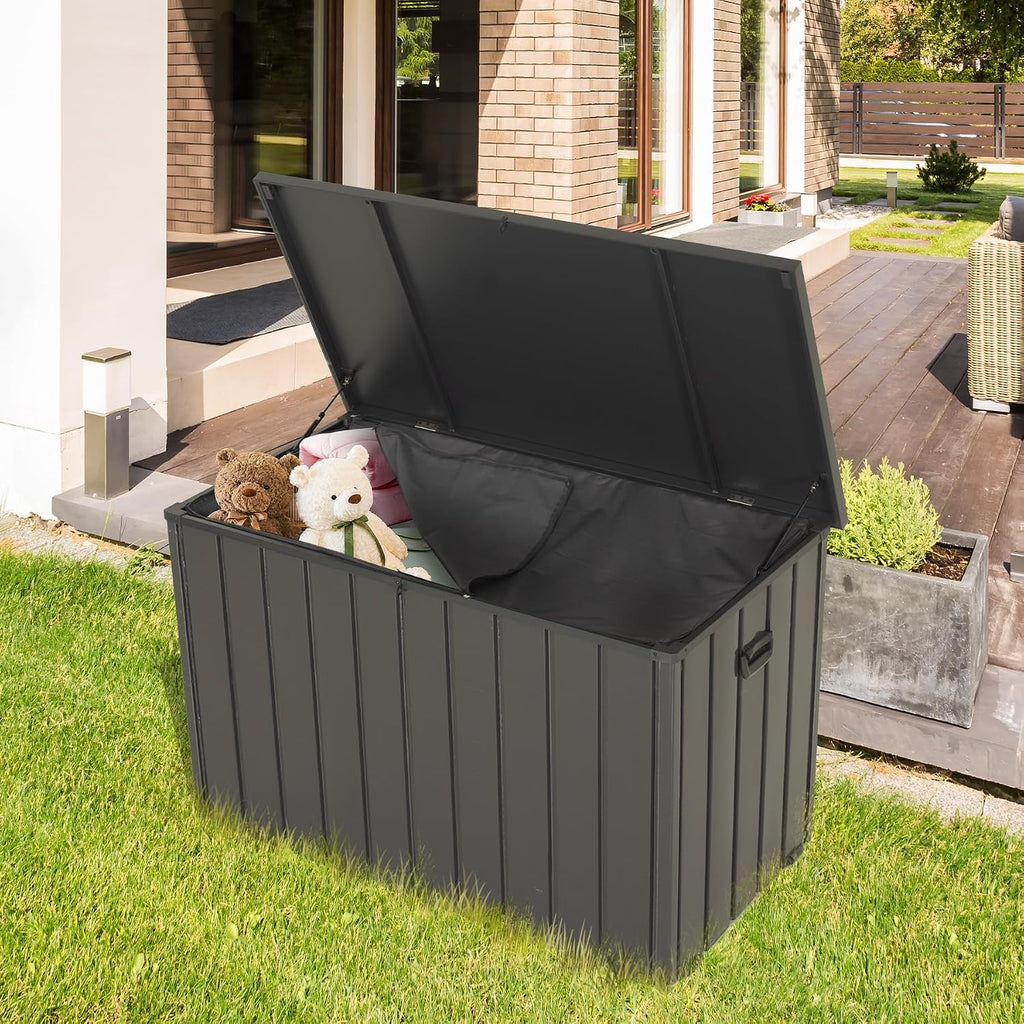 Outdoor Storage Box, 100 Gallon Metal Deck Box Built-in a Oxford Fabric Storage Bag, Lockable & Waterproof Outside Patio Storage Box for Cushions, Tools, Pool Floats- Grey