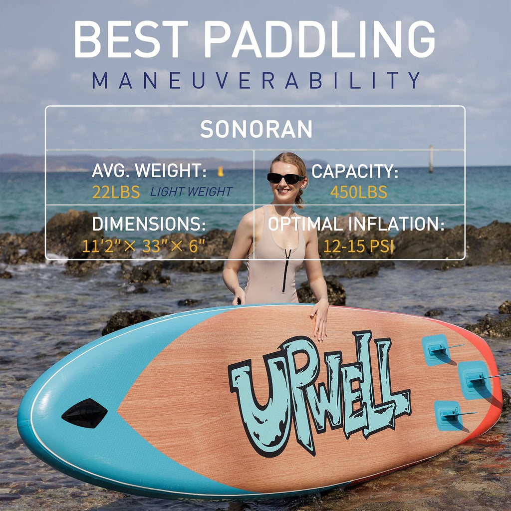UPWELL 11'6'/11'2'/11'/10'8'/10'6'/10'2' Inflatable Stand Up Paddle Board with sup Accessories Including Backpack, Repairing Kits, Non-Slip Deck, Leash, 3 Fins, Paddle and Hand Pump