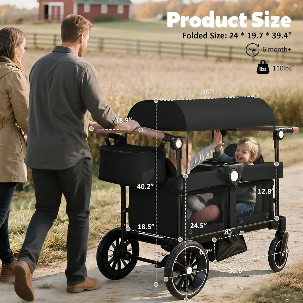 TODEFULL Wagon Stroller for 2 Kids, All-Terrain Stroller Wagon, Foldable Kids Wagon Cart Featuring with Harnesses, Adjustable Double Push Handle, Removable Canopy, Snack Tray, Large Storage Bag, Black