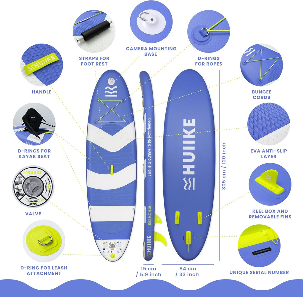 HUIIKE Inflatable Paddle Board for Adults with Accessories Included, Oar, Fins, Pump. Stand Up Paddleboard Great Stability and Resistance. 10' x 33' x 5.9', Maximum Load 286 lb
