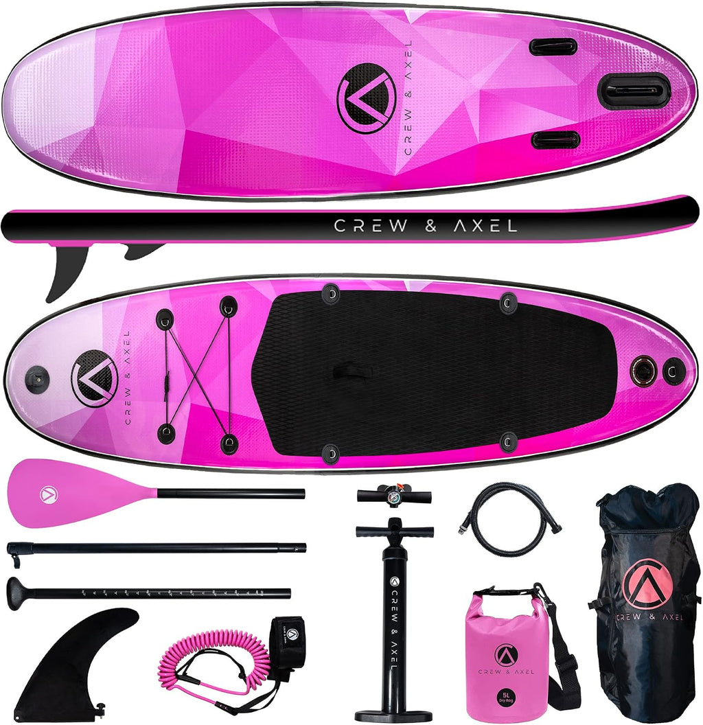 Crew Axel Inflatable Paddle Board 10'33'6' Extra Wide & Lightweight (18lb) Paddle Board – Premium SUP Set Includes 2 Bags, Floating Paddle, Camera Mount, 3 Fins, Dual Pump Kit