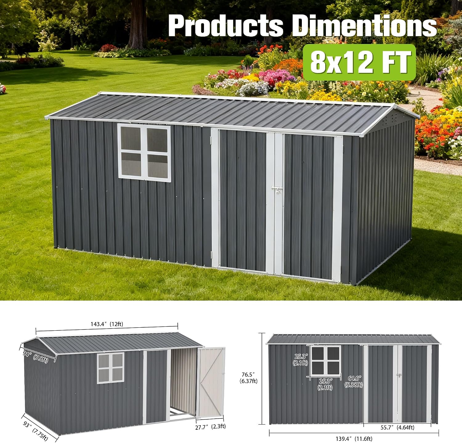 12' x 8' Outdoor Storage Shed with Floor, Waterproof Metal Garden Shed with Windows, Lockable Doors, and Sloped Roof for Patio, Backyard, Lawn, Tool Storage