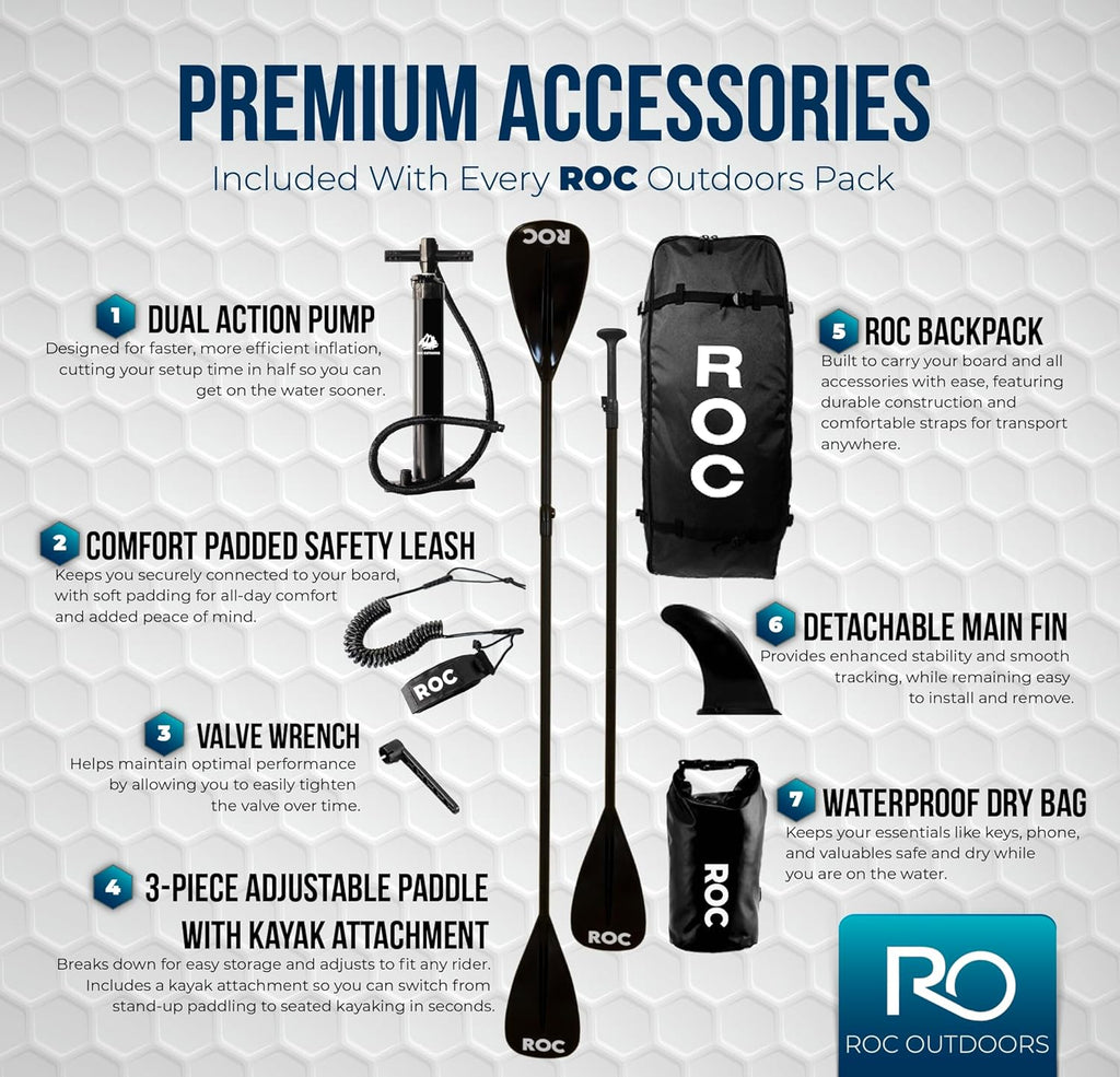 ROC Inflatable Stand Up Paddle Board with Premium SUP Paddle Board Accessories, Wide Stable Design, Non-Slip Comfort Deck for Youth & Adults