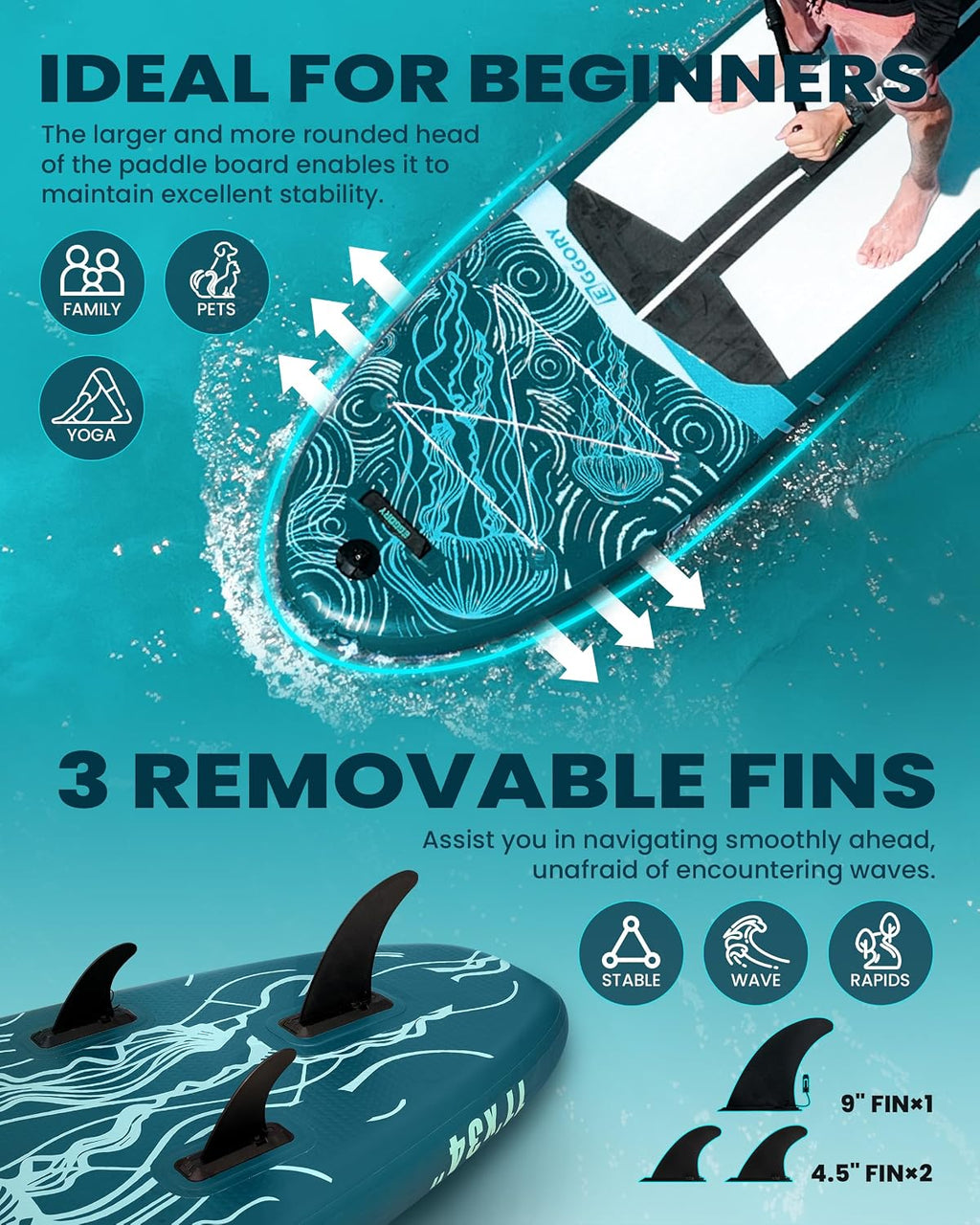 Inflatable Paddle Board,Stand Up Paddle Board Set, Extra Wide SUP Board with Removable Fin, Floating Paddle, Hand Pump, Waterproof Phone Pouch,Traveling Board