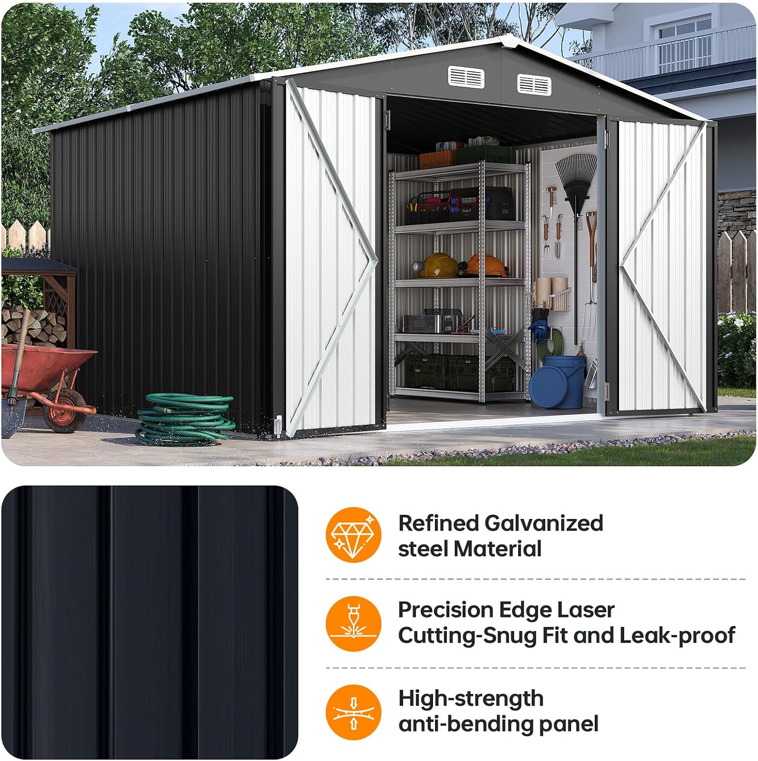 10x8FT Outdoor Storage Shed, Metal Garden Shed with Lockable Double Doors & Sloping Roof, Weather-Resistant Tool Shed for Backyard, Patio, Poolside Black
