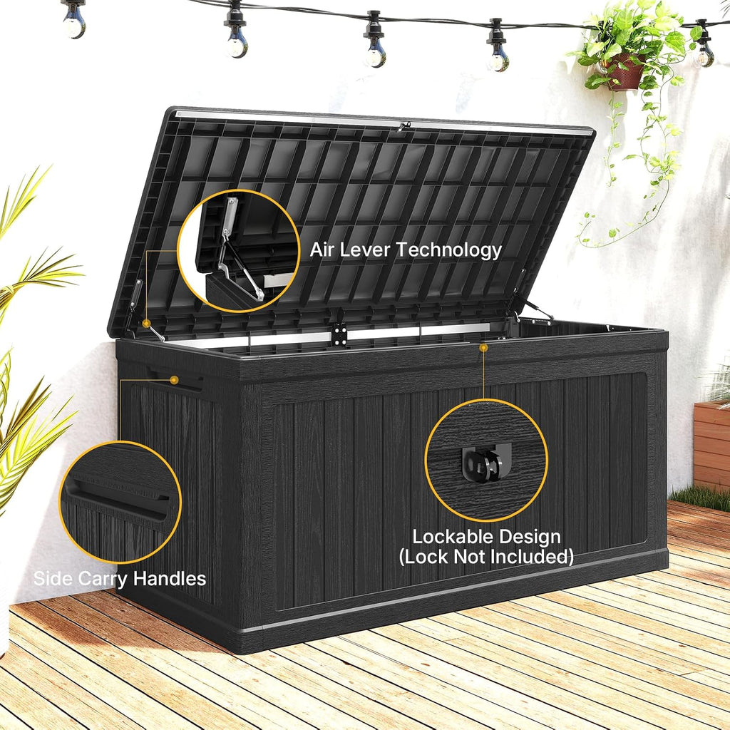 Skepphlay 260 Gallon Deck Box Large Outdoor Storage Box, Waterproof Pool Storage Cushion Boxes Bin, 440 lbs Load Capacity Black Outdoor Storage Bench for Garden, Patio