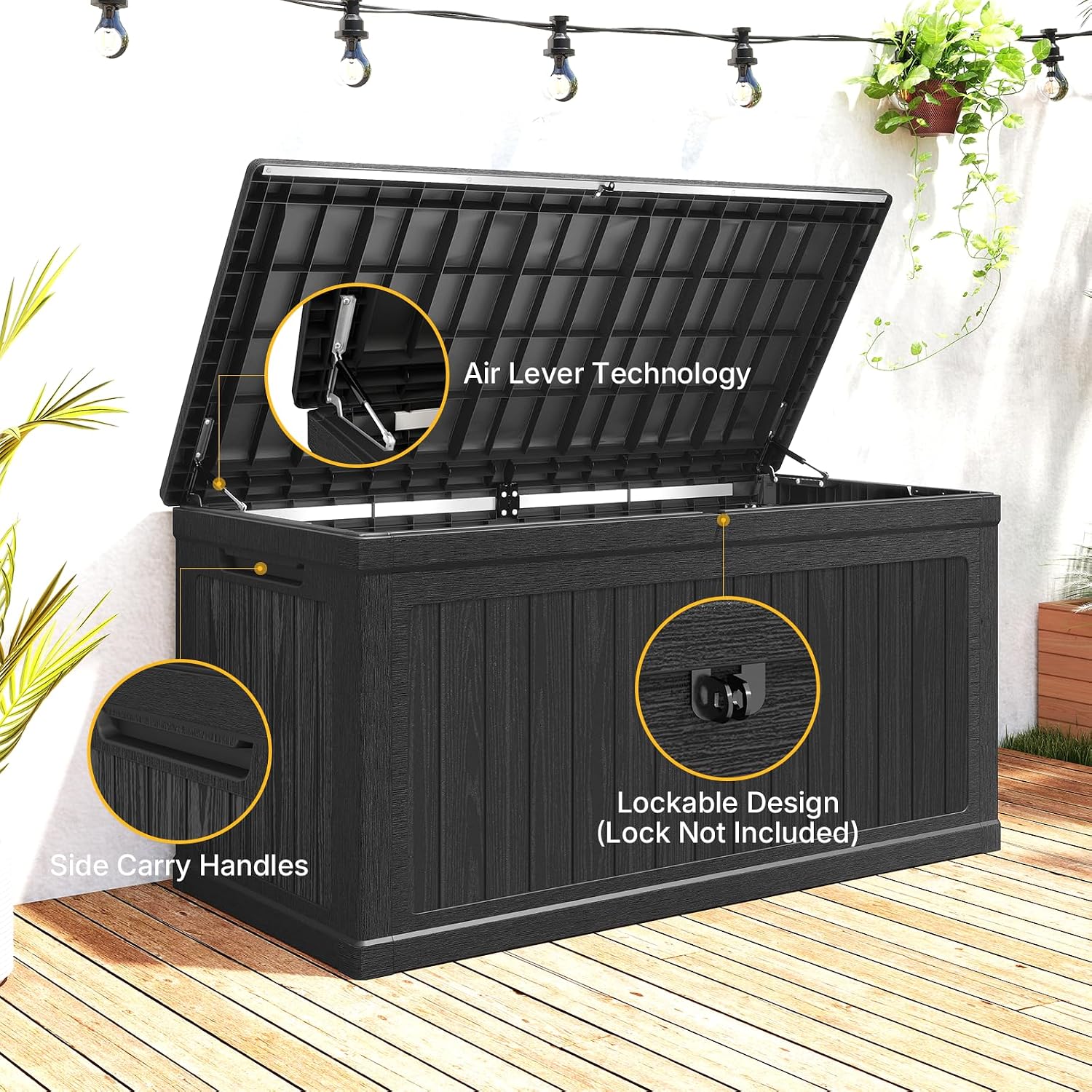 Skepphlay 260 Gallon Deck Box Large Outdoor Storage Box, Waterproof Pool Storage Cushion Boxes Bin, 440 lbs Load Capacity Black Outdoor Storage Bench for Garden, Patio
