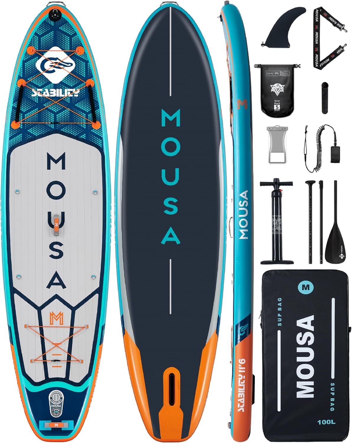 MOUSA 11'6'x35 Extra Wide Inflatable Stand Up Paddle Board, Stable Long SUP for 2 People/Family, Shoulder Strap, 3/5 Handles, 100L Backpack, All-Round Sup Board, Removeable Fin