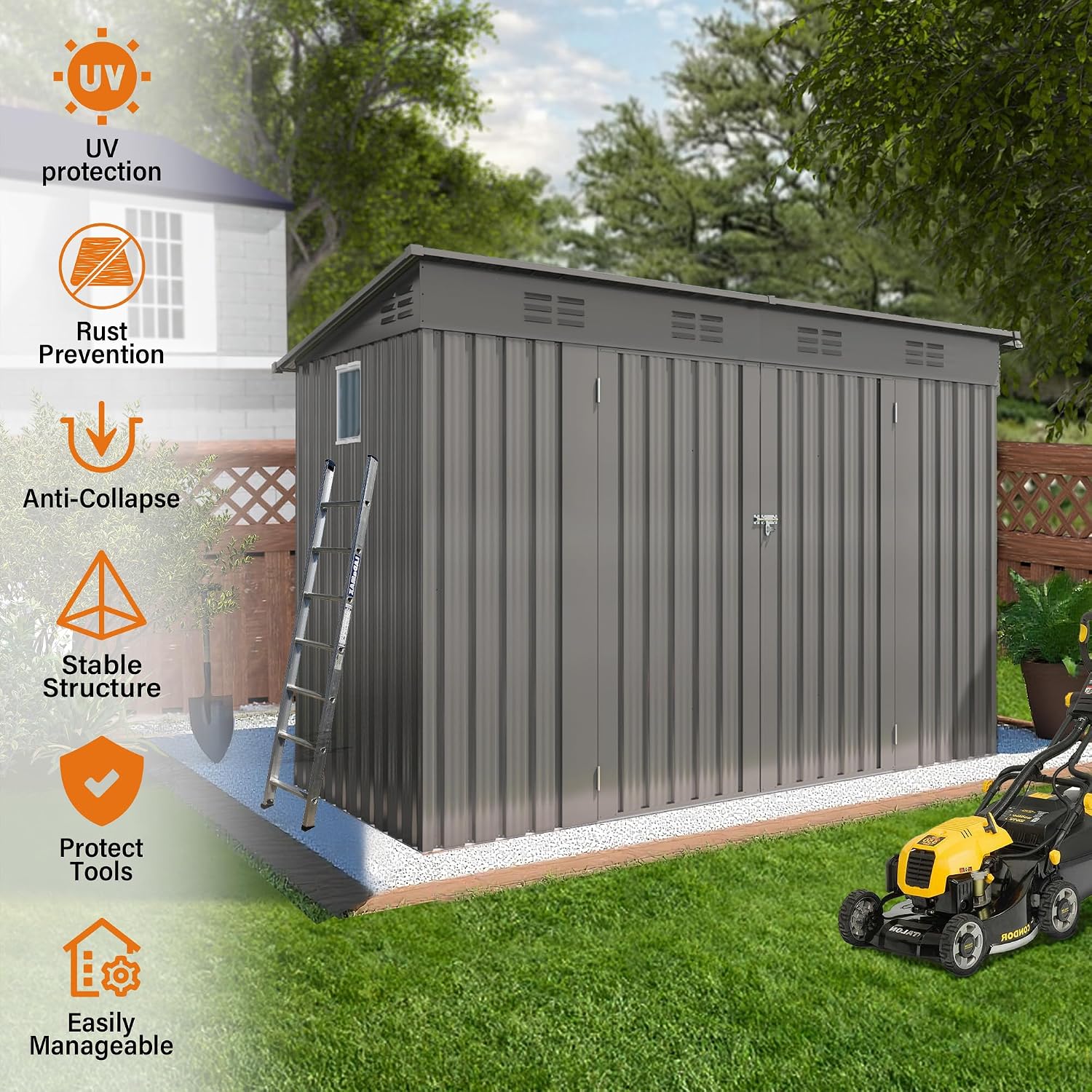 YOPTO 4x9 FT Outdoor Storage Shed,Metal Shed W/Window,Garden Storage Shed W/ 6 Air Vents & 2 Swing Doors,Weatherproof Tool House W/Sloped Roof,for Backyard Patio Lawn,Gray