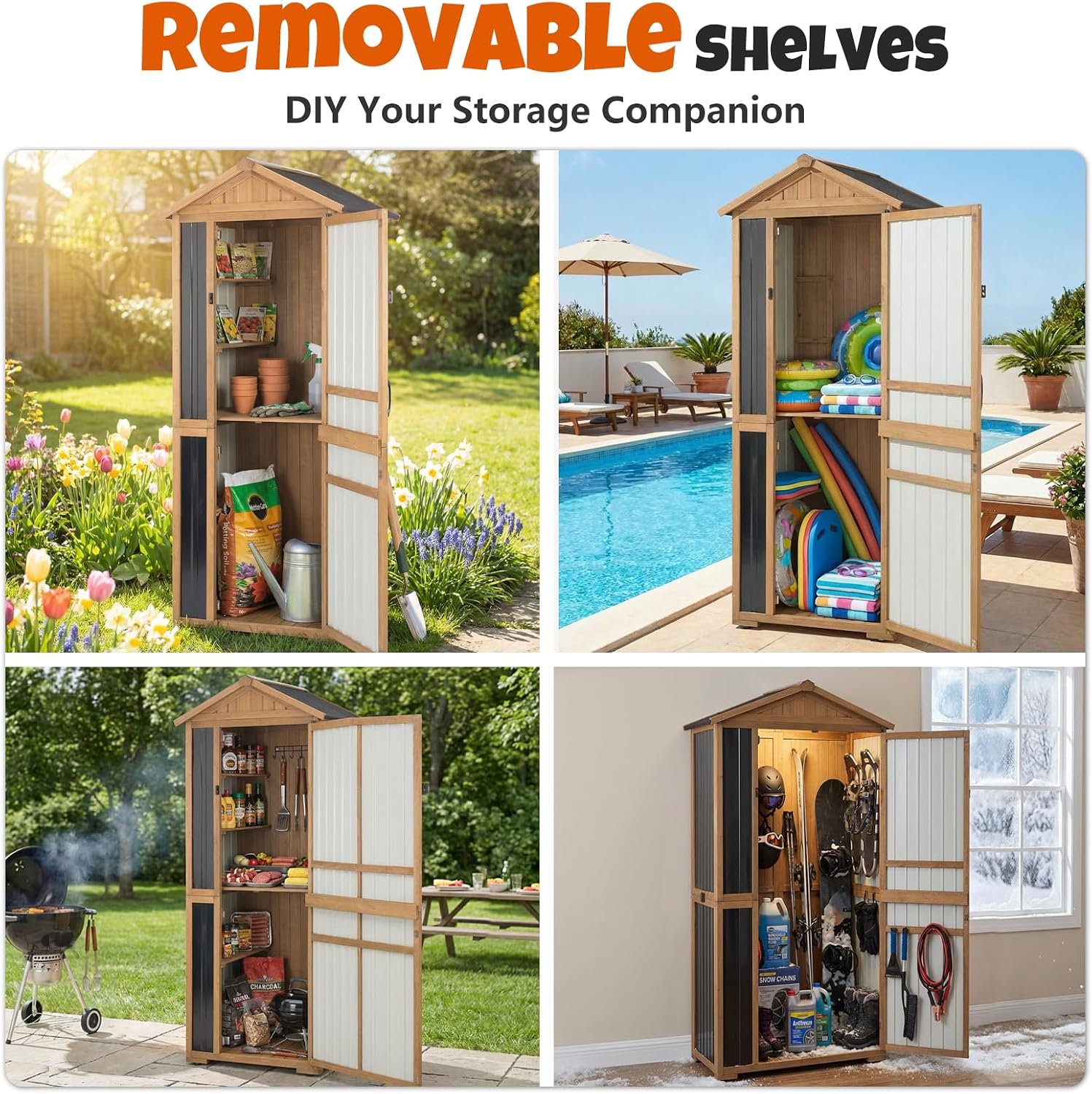 4-Tier Metal & Wood Outdoor Storage Cabinet with Reinforced Frame, Weatherproof Asphalt Roof, Adjustable Shelves, Lockable Doors for Patio, Garden, Garage Organization