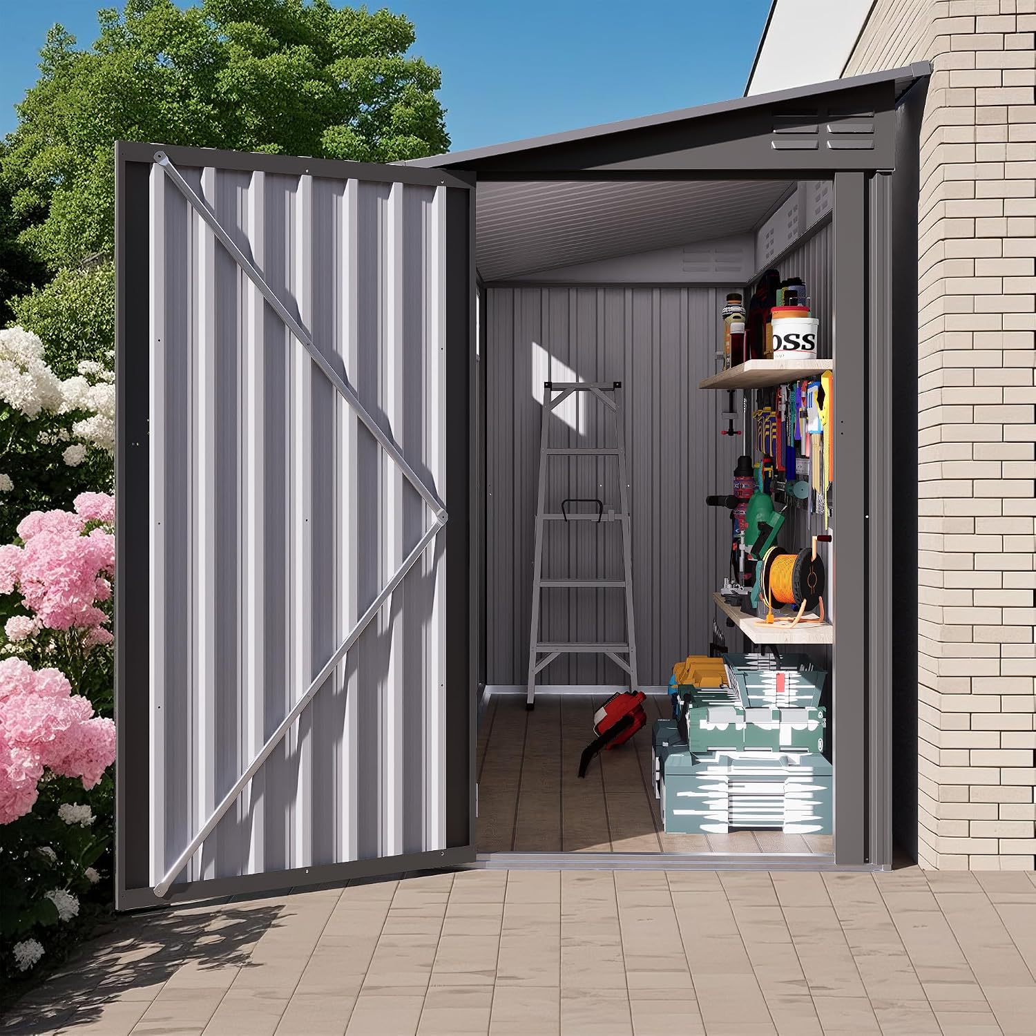 4x9 FT Lean to Shed with Windows, Outdoor Storage Metal Shed with 6 Vents and 1 Side Open Door, Outdoor Storage Shed Waterproof for Backyard, Garden, Patio, Gray