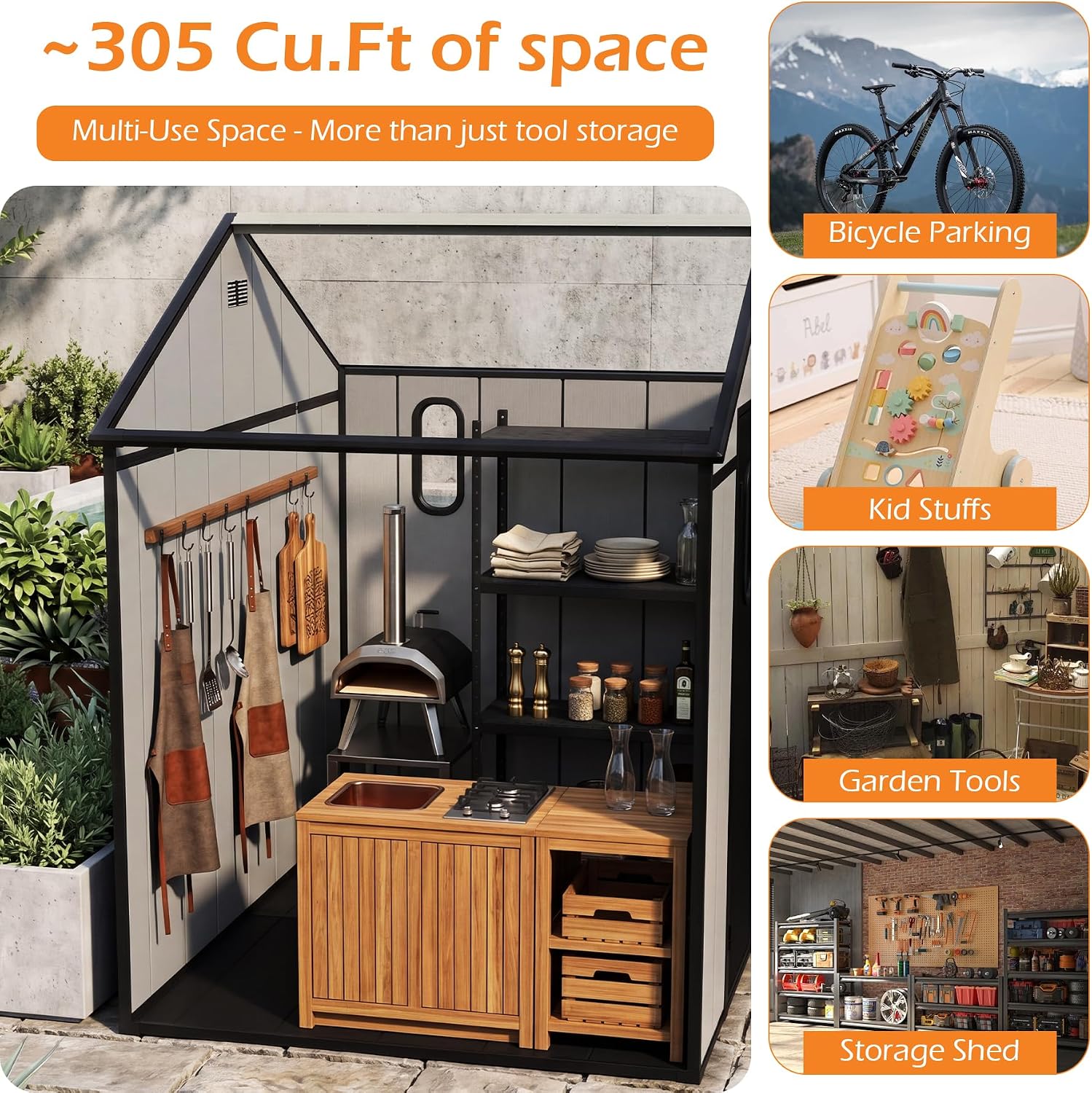 Domi 8x6Ft Resin Outdoor Storage Shed with Floor, Plastic Garden Storage Shed, Outside Weatherproof Storage Building for Tools, Bike, Lawn Mower, Patio, Backyard