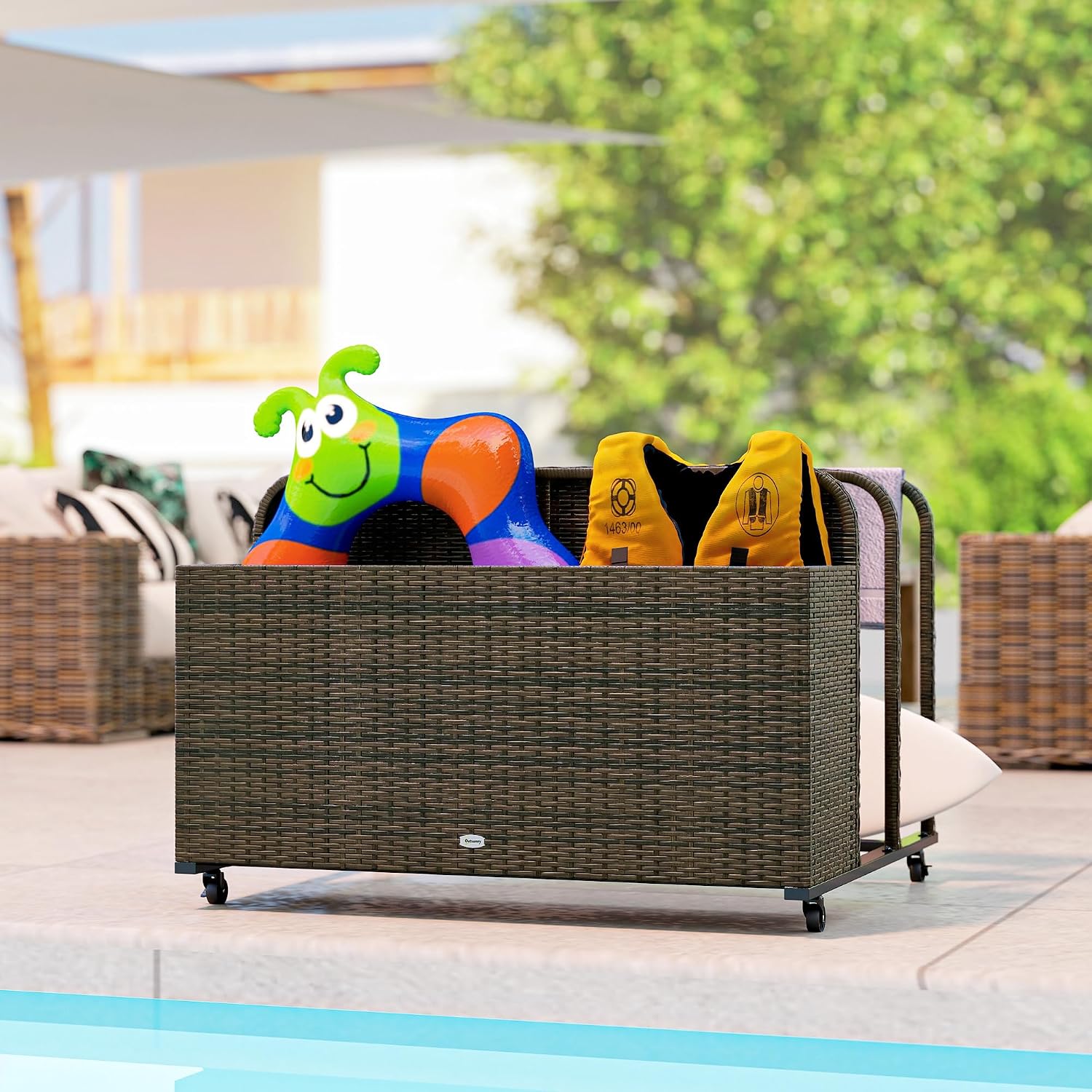 Outsunny Wicker Pool Float Storage Organizer, PE Rattan Outdoor Pool Float Holder with Rolling Wheels for Noodles, Life Vests, Beach Balls, Garden Furniture, Mixed Brown