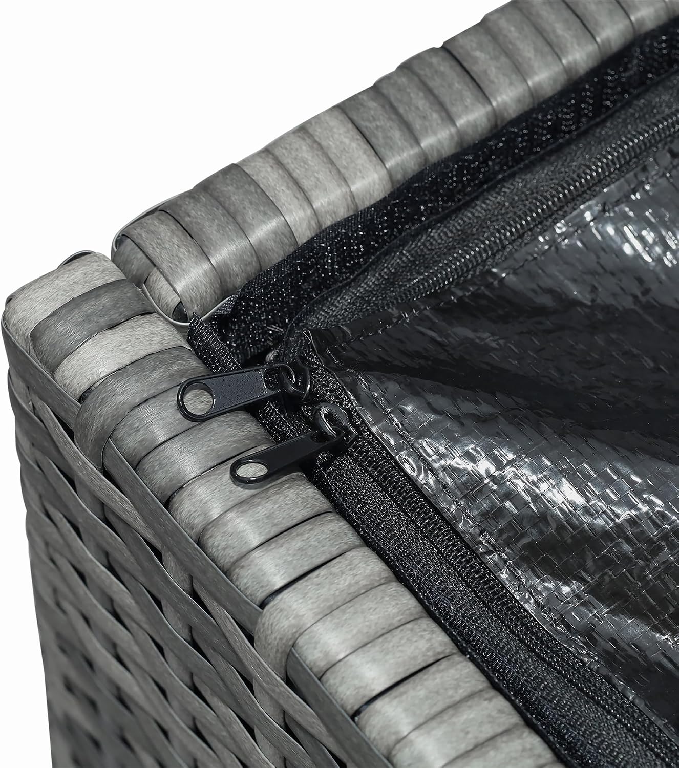 Teamson Home 154 Gallon Lined Weather Resistant Outdoor Rattan Wicker Patio Deck Storage Box with Soft Close Hinges for Patio Furniture Cushions or Pool Accessories, Gray