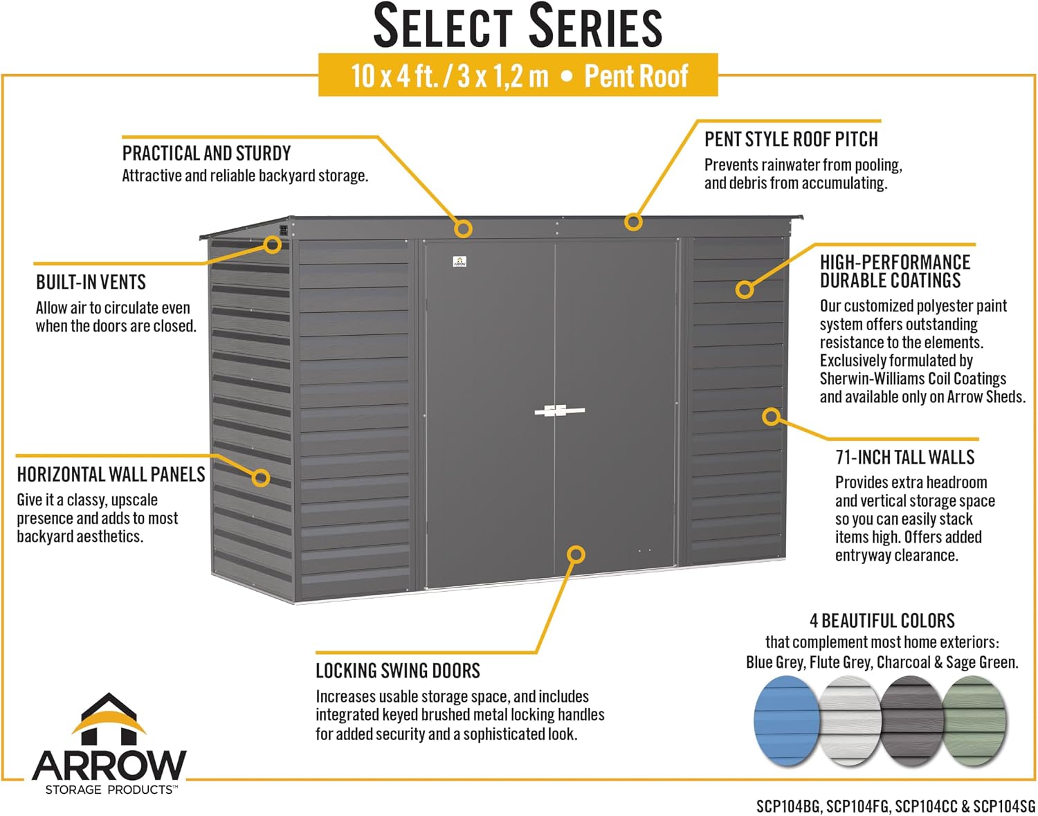Arrow Select 10' x 4' Outdoor Lockable Steel Storage Shed Building, Flute Grey