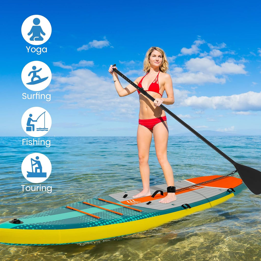 GYMAX Paddle Board, Inflatable SUP with Kayak Seat, Camera Mount, Direction Fin Paddle & Carry Backpack, Extra Wide Below Up Stand Up Paddle Boards for Adults & Youth Floating Fishing Water Exploring