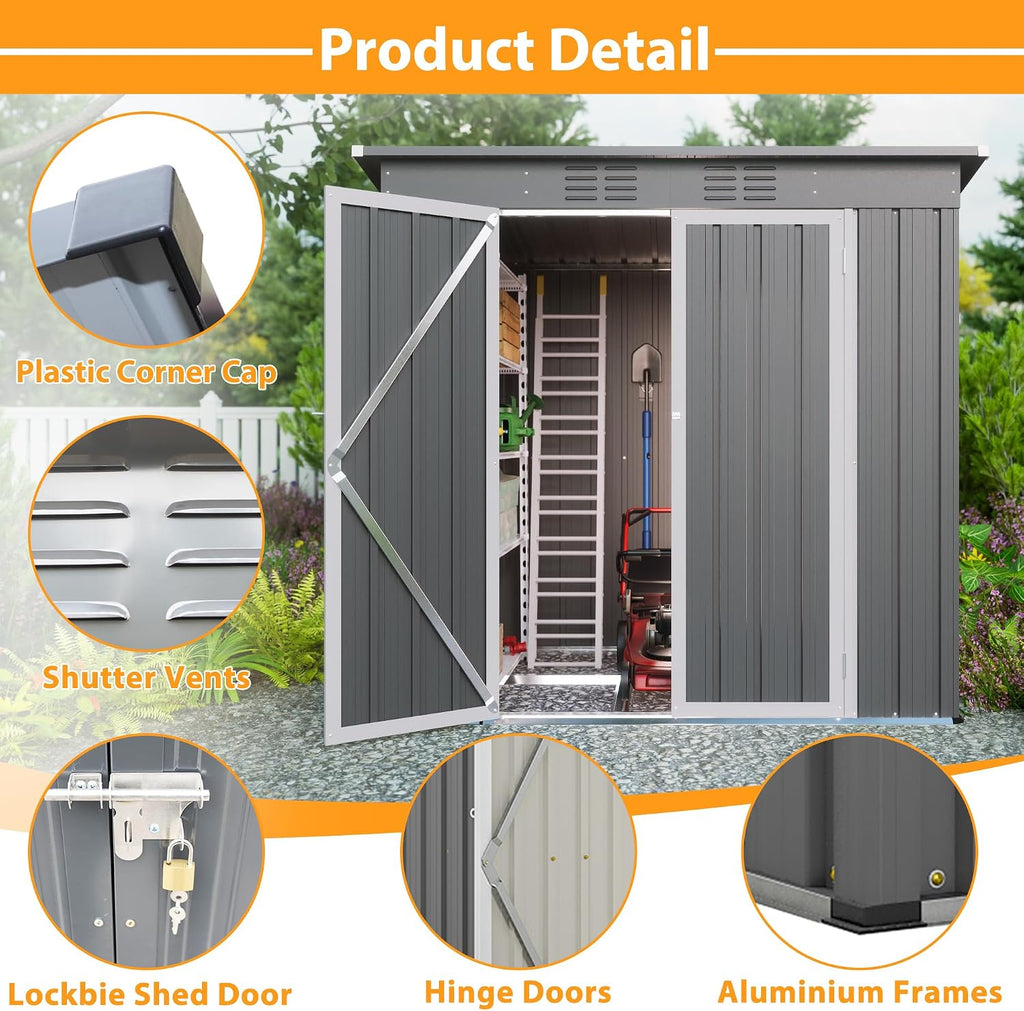 6' x 4' Outdoor Storage Shed, Waterproof Metal Garden Sheds with Lockable Double Door for Backyard Patio Lawn-Dark Gray