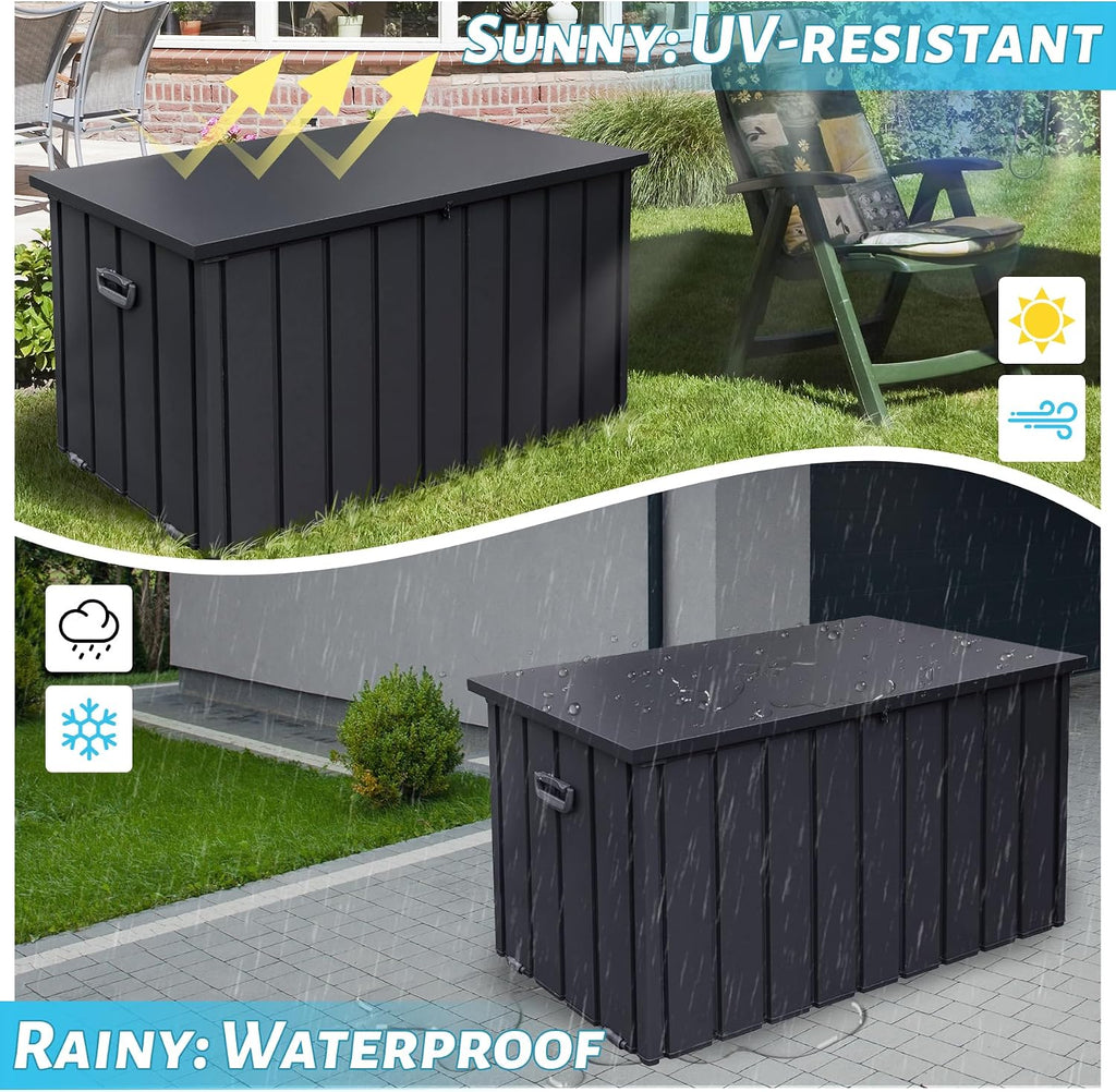 Outdoor Storage Box 100 Gallon, Waterproof Steel Deck Box, Large Patio Furniture Storage Cabinet, Lockable Storage Bench for Porch Package Delivery, Cushions, Pool, Tools- Dark Grey