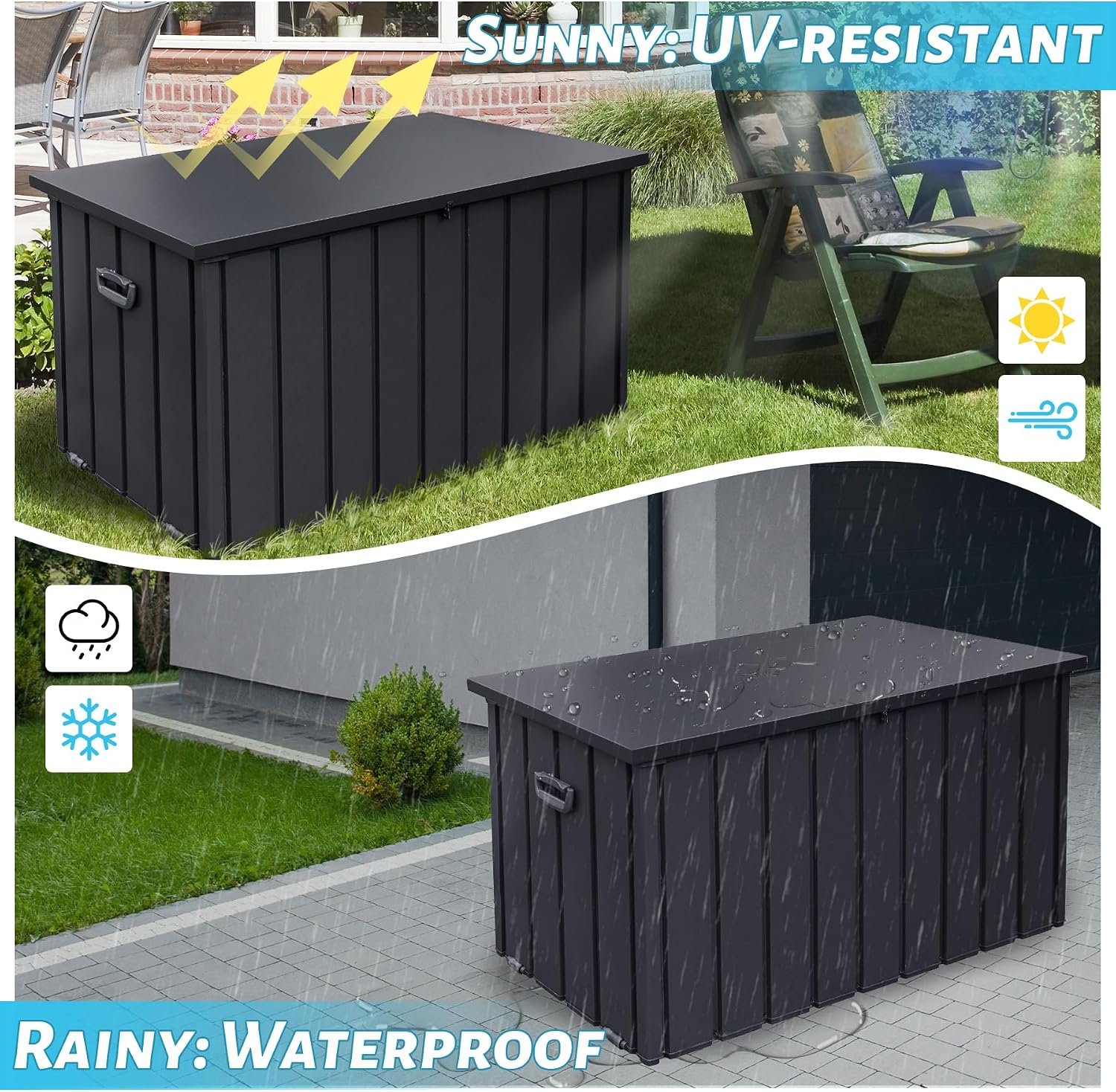 Outdoor Storage Box 100 Gallon, Waterproof Steel Deck Box, Large Patio Furniture Storage Cabinet, Lockable Storage Bench for Porch Package Delivery, Cushions, Pool, Tools- Dark Grey