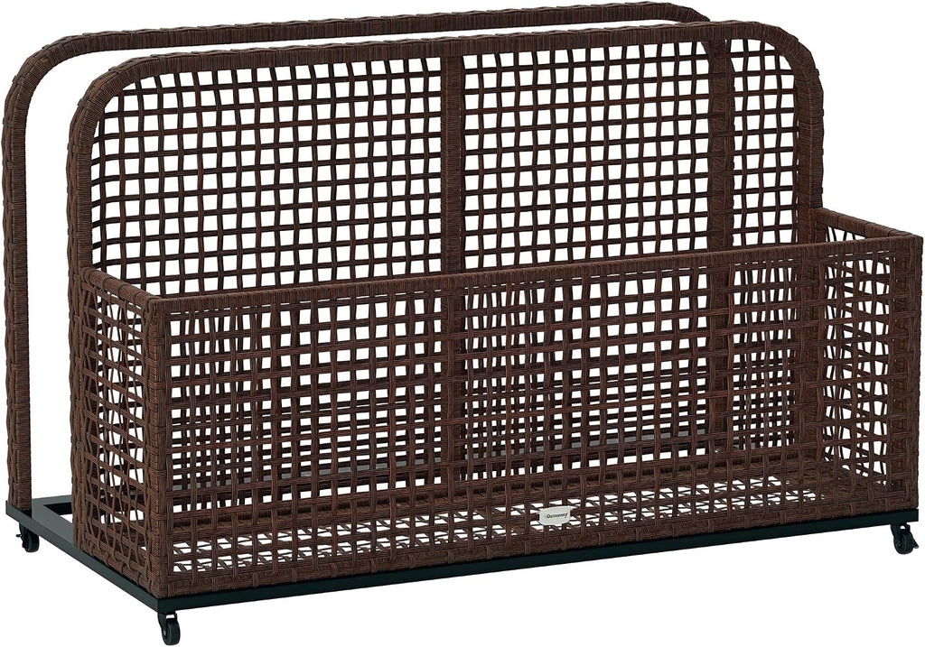 Outsunny Patio Wicker Pool Float Storage with Wheels, Outdoor Rolling PE Rattan Pool Caddy, Includes Compartment and Basket, for Pool, Garden, Deck, Brown