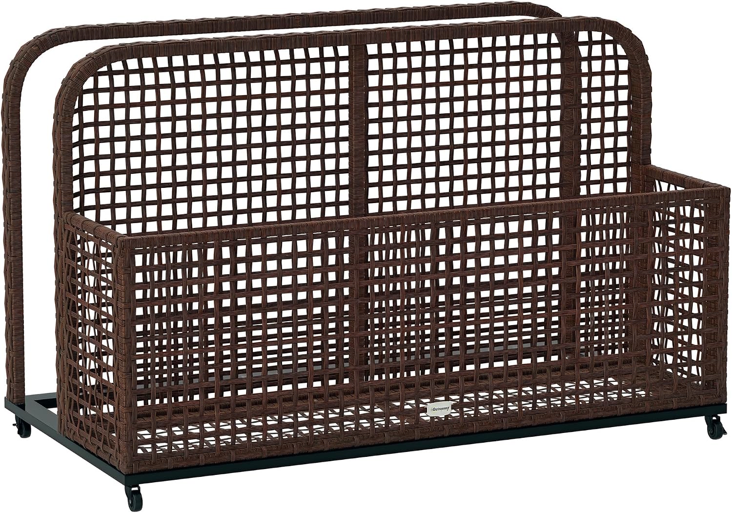 Outsunny Patio Wicker Pool Float Storage with Wheels, Outdoor Rolling PE Rattan Pool Caddy, Includes Compartment and Basket, for Pool, Garden, Deck, Brown