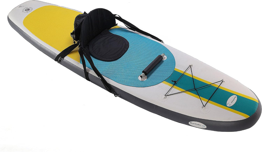 Blue Water Toys Inflatable Crossover Stand Up Paddle Board/Kayak Kit - Pump, Backpack, Coil Leash, Paddles, Detachable Seat, SUP 300 Pound Limit, 10 Feet by 32 Inches