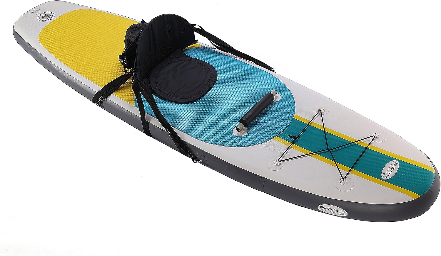 Blue Water Toys Inflatable Crossover Stand Up Paddle Board/Kayak Kit - Pump, Backpack, Coil Leash, Paddles, Detachable Seat, SUP 300 Pound Limit, 10 Feet by 32 Inches