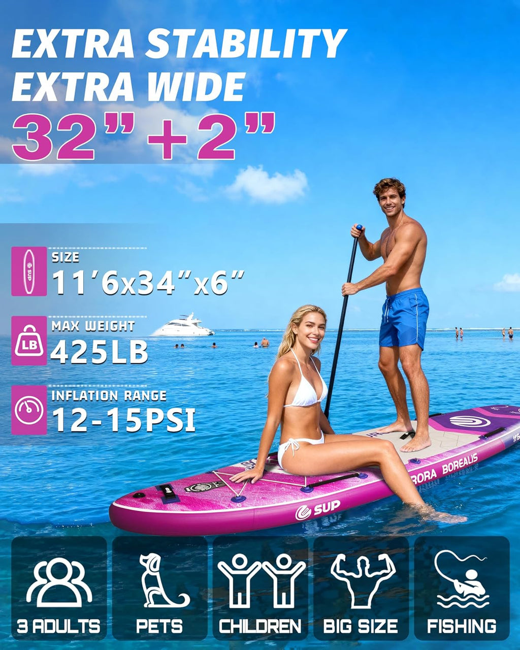 ESUP 11'6 ×34/35' Super Wide Inflatable Paddle Board with SUP Accessories, Extra Stable Stand Up Paddleboards for 2+1 Persons/Family/Beginner/Yoga, w/Shoulder Strap All-Round Sup Board