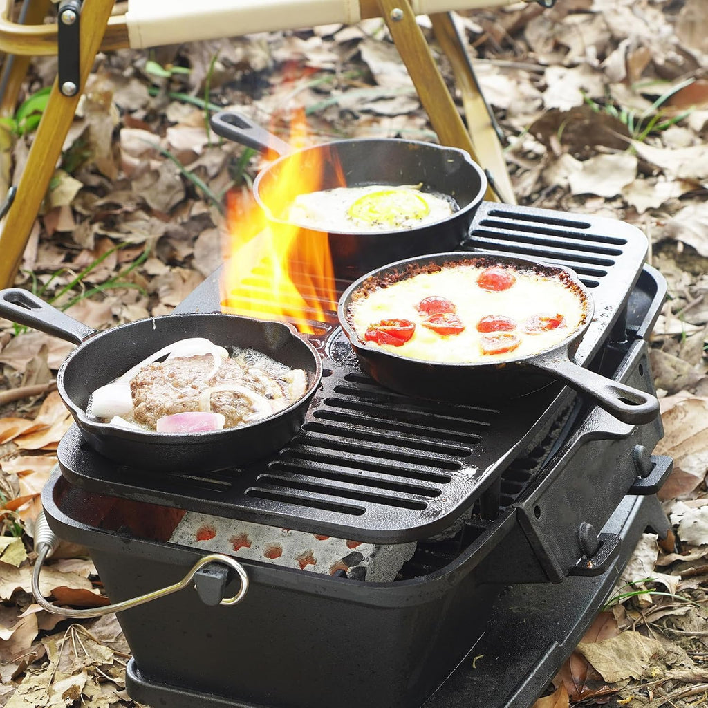 2025 Upgrade portable cast grill, hibachi grill outdoor, Cast Iron Hibachi Grill, hibachi 100% Cast Iron with Double-Sided Grate, Small Charcoal, Camping Stove (1, No handle)