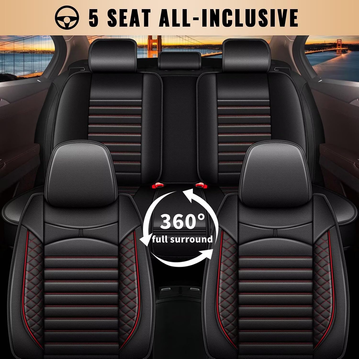 Car Seat Covers Fit for Hyundai Kona 2018-2026: Full Set 5 Seats Faux Leather Seat Cover Waterproof Seat Protectors Automotive Seat Cushion(Black & Red)-2 Rows 5 Seats