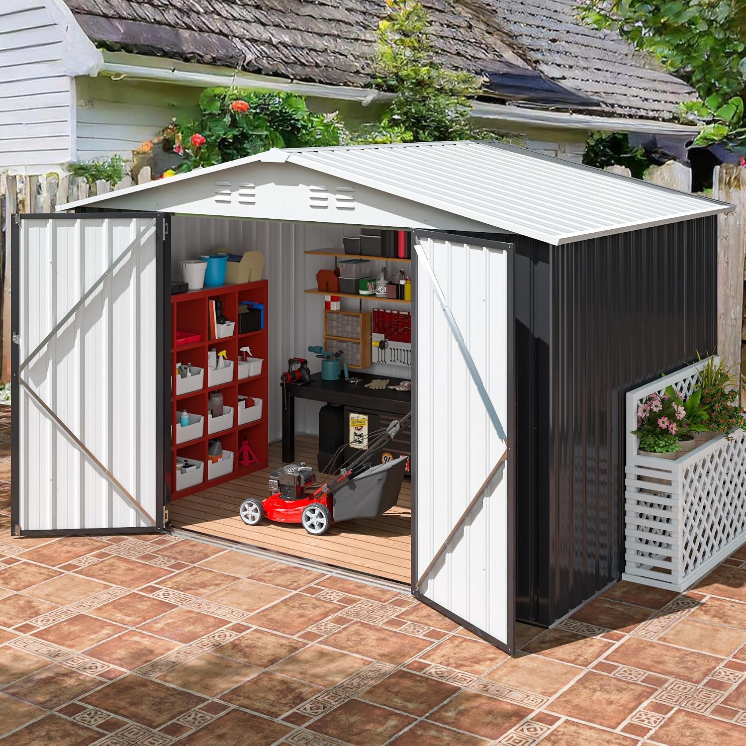 AirWire 6x8 FT Outdoor Storage Shed, Garden Shed with Updated Frame Structure and Lockable Doors, Metal Tool Sheds for Backyard Garden Patio Lawn, White