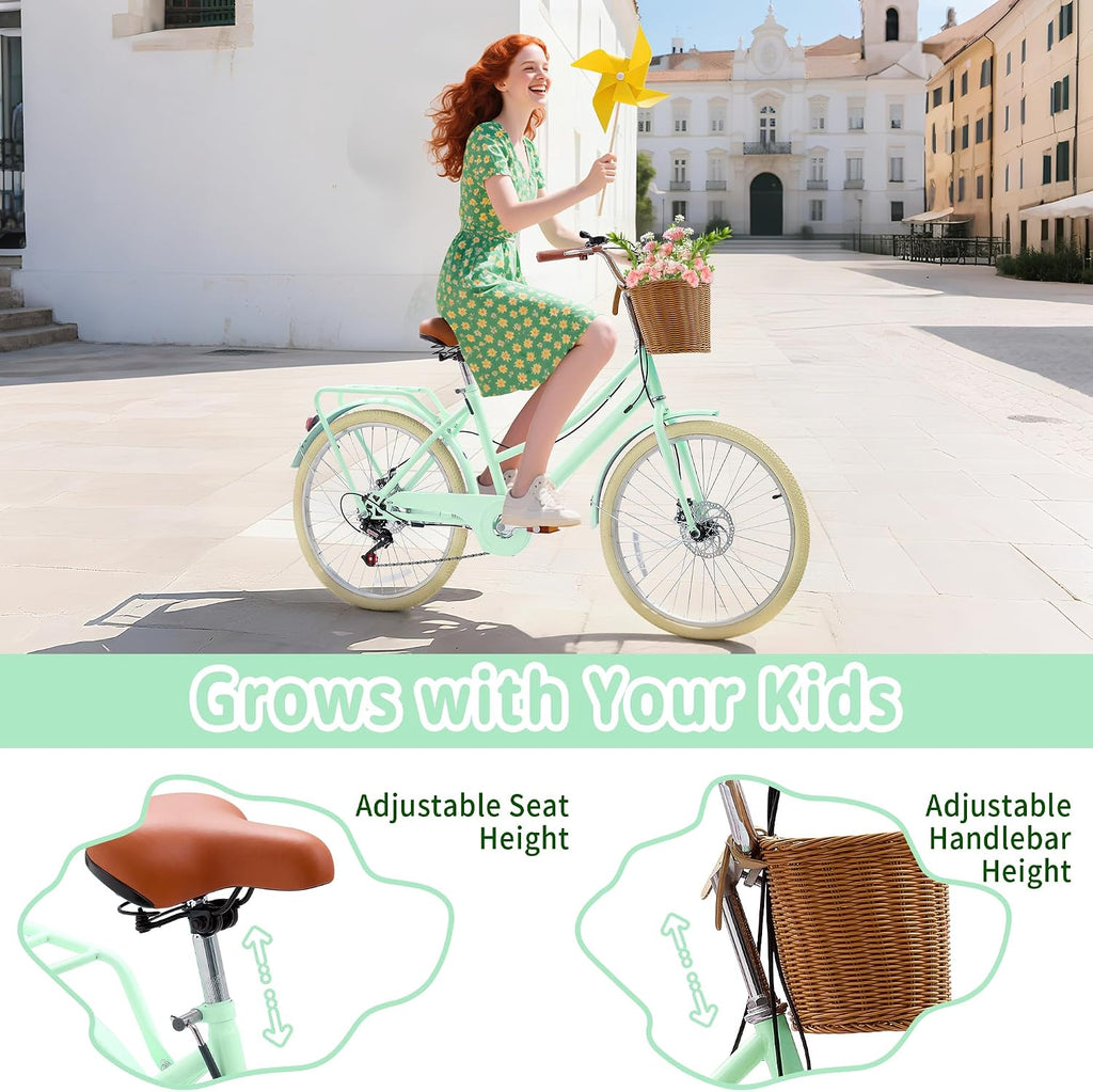 DEYGIA Kids Bike, Retro Cruiser Bike for Girls, 20 24 Inch 7-Speed Kids Bicycles for Ages 6-14 Girls Youth with Rattan Basket, Dual-Disc Brake Carbon Steel Frame Lightweight Bicycle, Multiple Colors