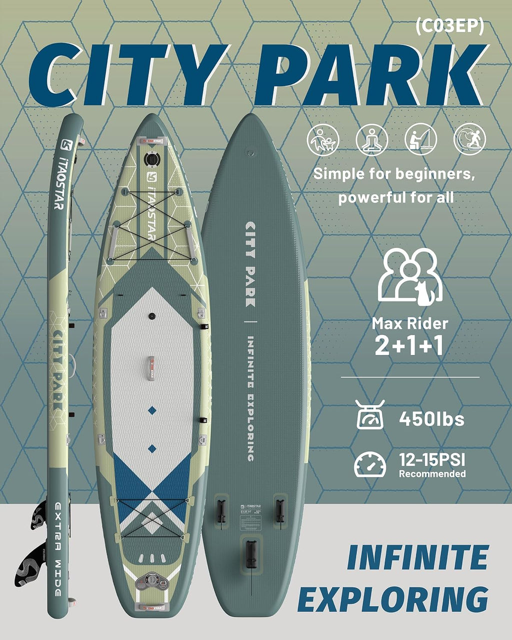 iTAOSTAR City Park 12'×35' Extra Wide Paddle Board with Seat, One-Stop Premium SUP Board Gears, Tailored 5 Fins, Stable Inflatable Stand Up Paddle Boards for Youth/Adults of All Levels