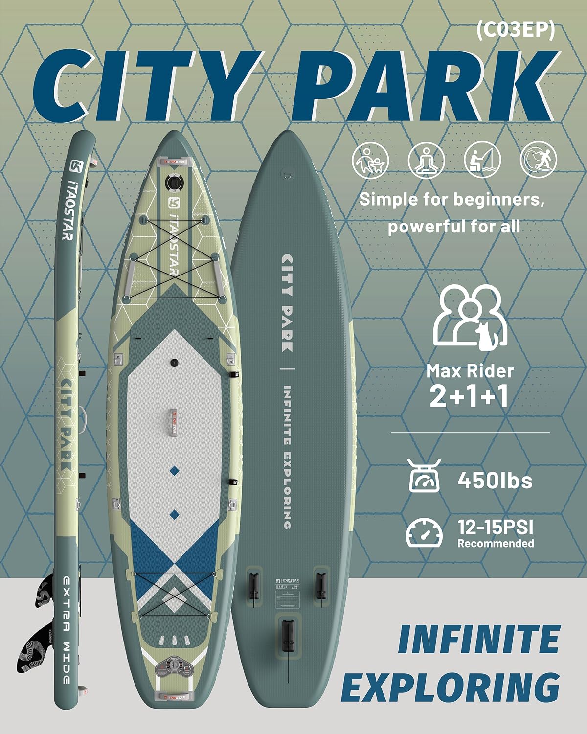iTAOSTAR City Park 12'×35' Extra Wide Paddle Board with Seat, One-Stop Premium SUP Board Gears, Tailored 5 Fins, Stable Inflatable Stand Up Paddle Boards for Youth/Adults of All Levels