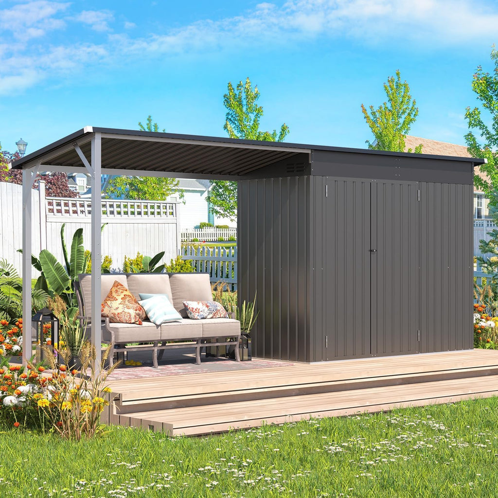 AECOJOY 8x4 FT Outdoor Storage Shed & Hardtop Gazebo Combo, 14x4FT Metal Lean to Shed with 6'x4' Open Pergola, 2-in-1 Tool Sheds & Outdoor Storage for Patio, Backyard, Garden