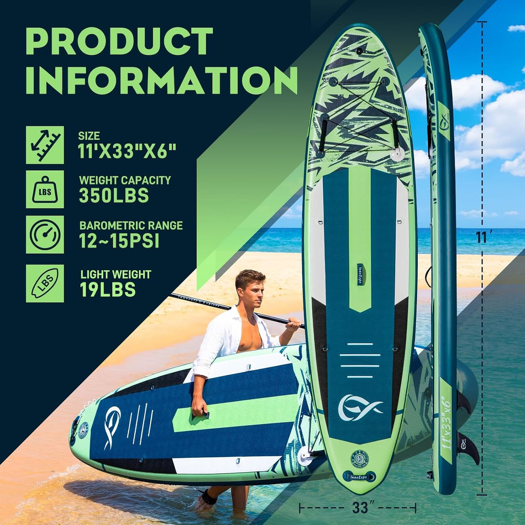 InnoExpo 11' Inflatable Stand Up Paddle Boards with Premium Accessories, Wide Stable SUP Paddle Board Design, Non-Slip Comfort Deck for Youth & Adults