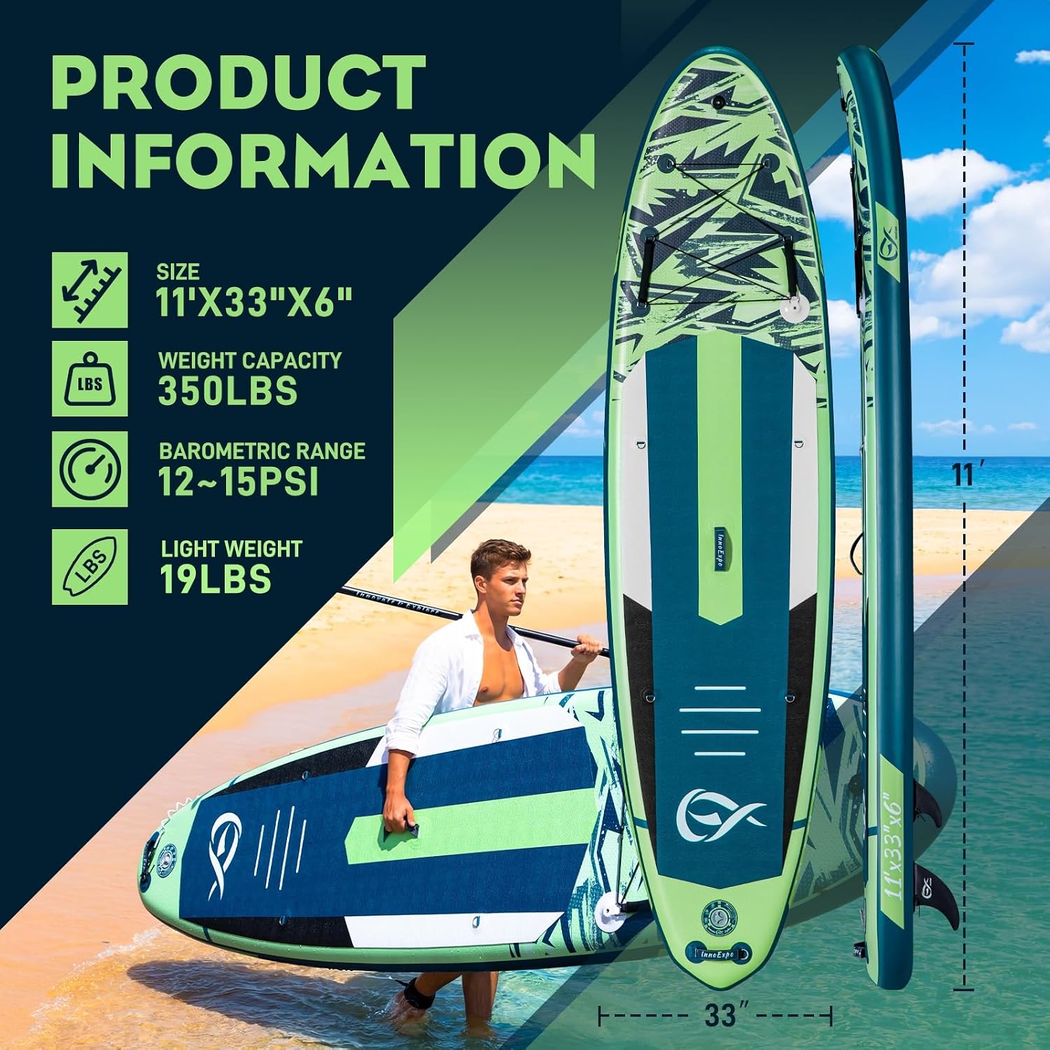 InnoExpo 11' Inflatable Stand Up Paddle Boards with Premium Accessories, Wide Stable SUP Paddle Board Design, Non-Slip Comfort Deck for Youth & Adults